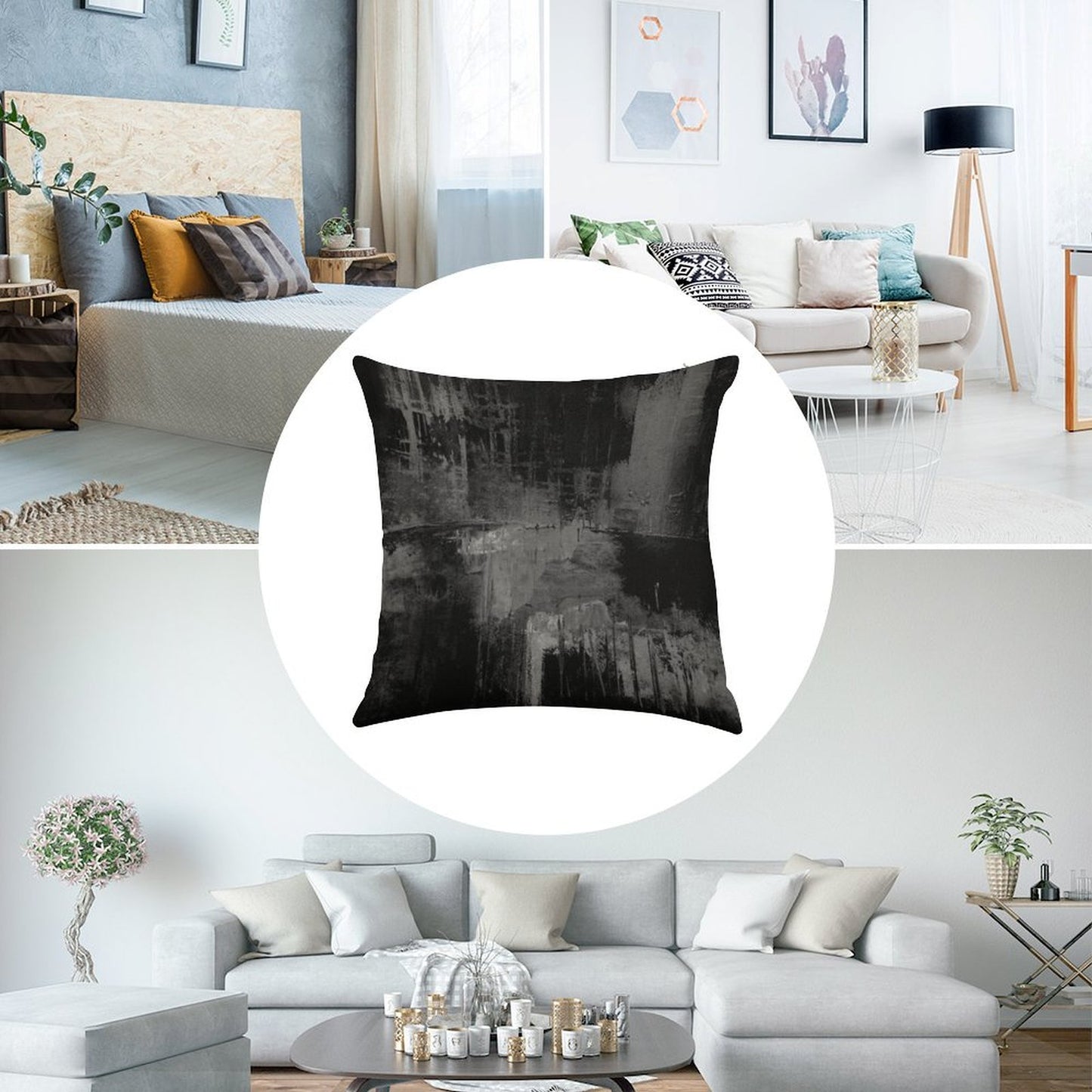 Black Gray Abstract Linen Throw Pillow Cover