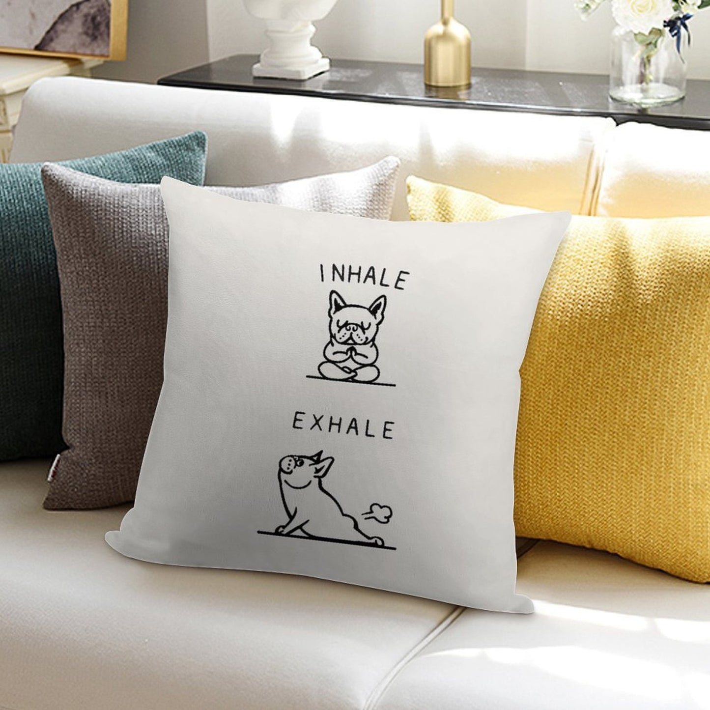 Inhale Exhale Frenchie Soft Reinforced Edging Throw Pillow