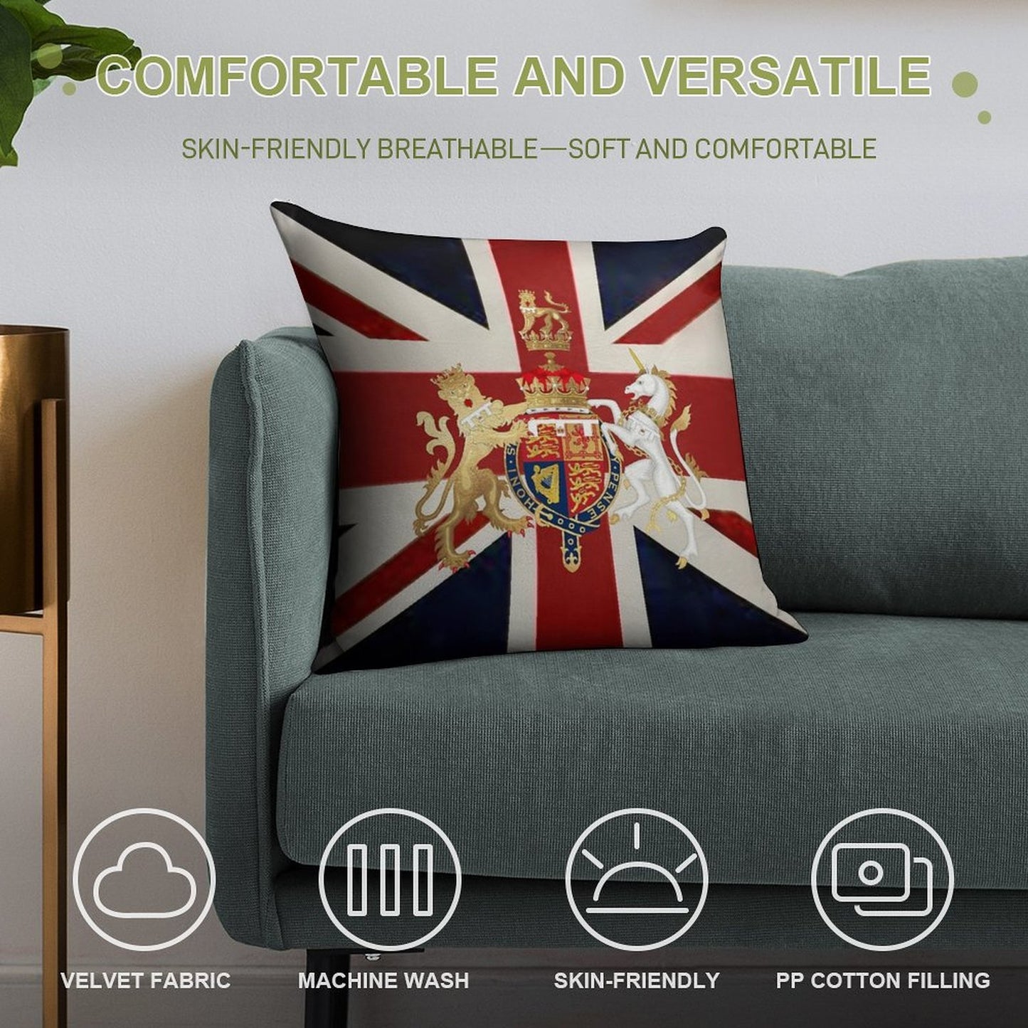 Union Jack with Windsor Insignia Soft Short Plush Fabric Throw Pillow