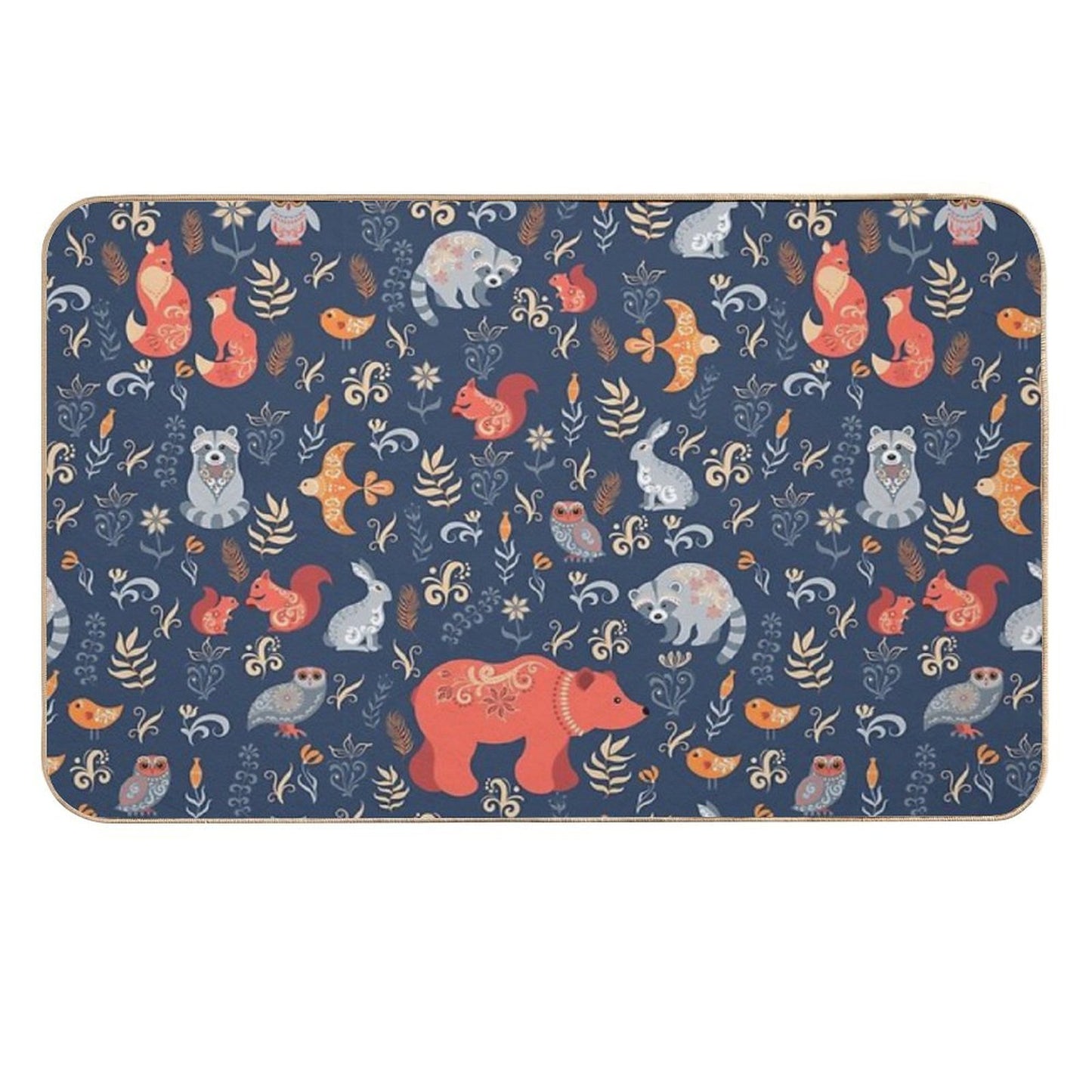 Fairy-tale Forest. Fox, Bear, Raccoon, Owls, Rabbits, Flowers And Herbs on A Blue Background. Stain-Proof Bath Mat