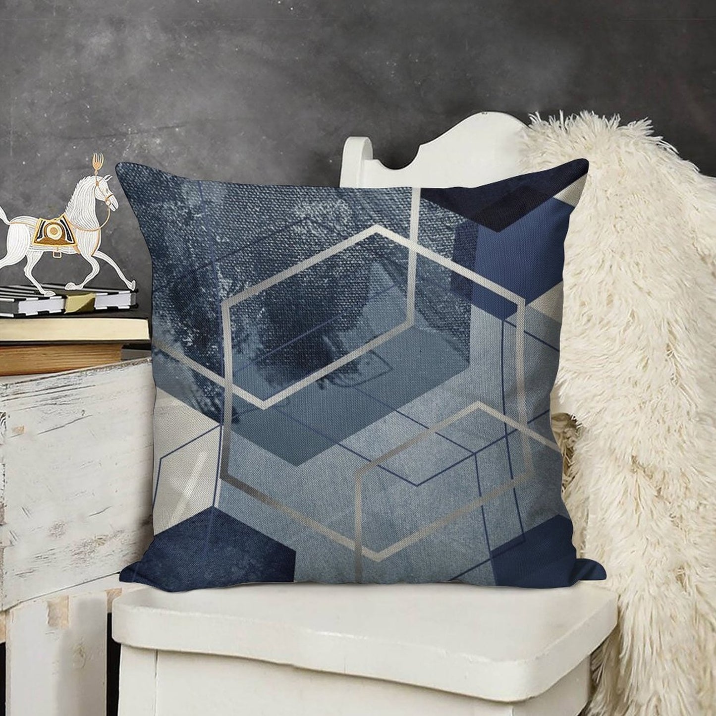 Blue And Grey Geo Linen Throw Pillow Cover