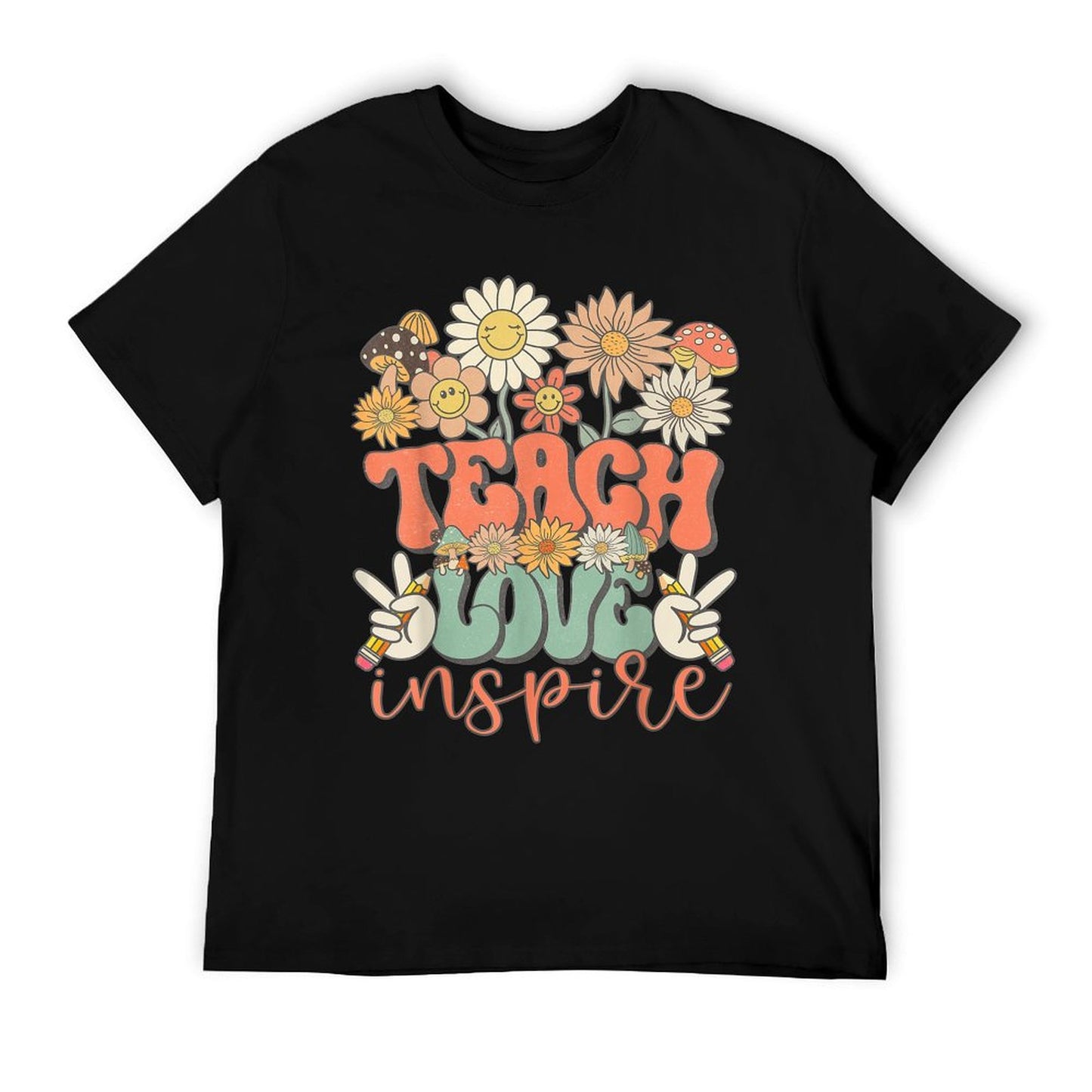 Teach Love Inspire Retro Groovy Daisy Back To School Teacher T-Shirt