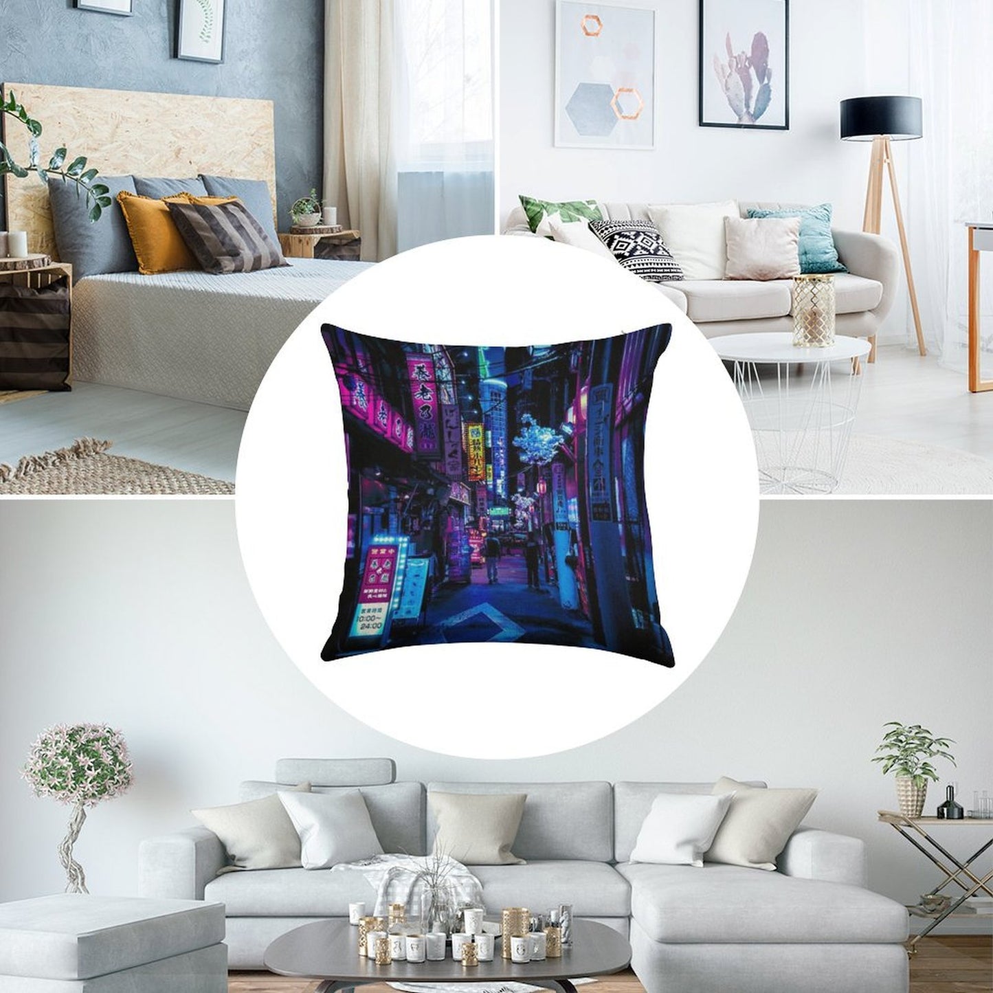 Blue Tokyo Alleys Linen Throw Pillow Cover