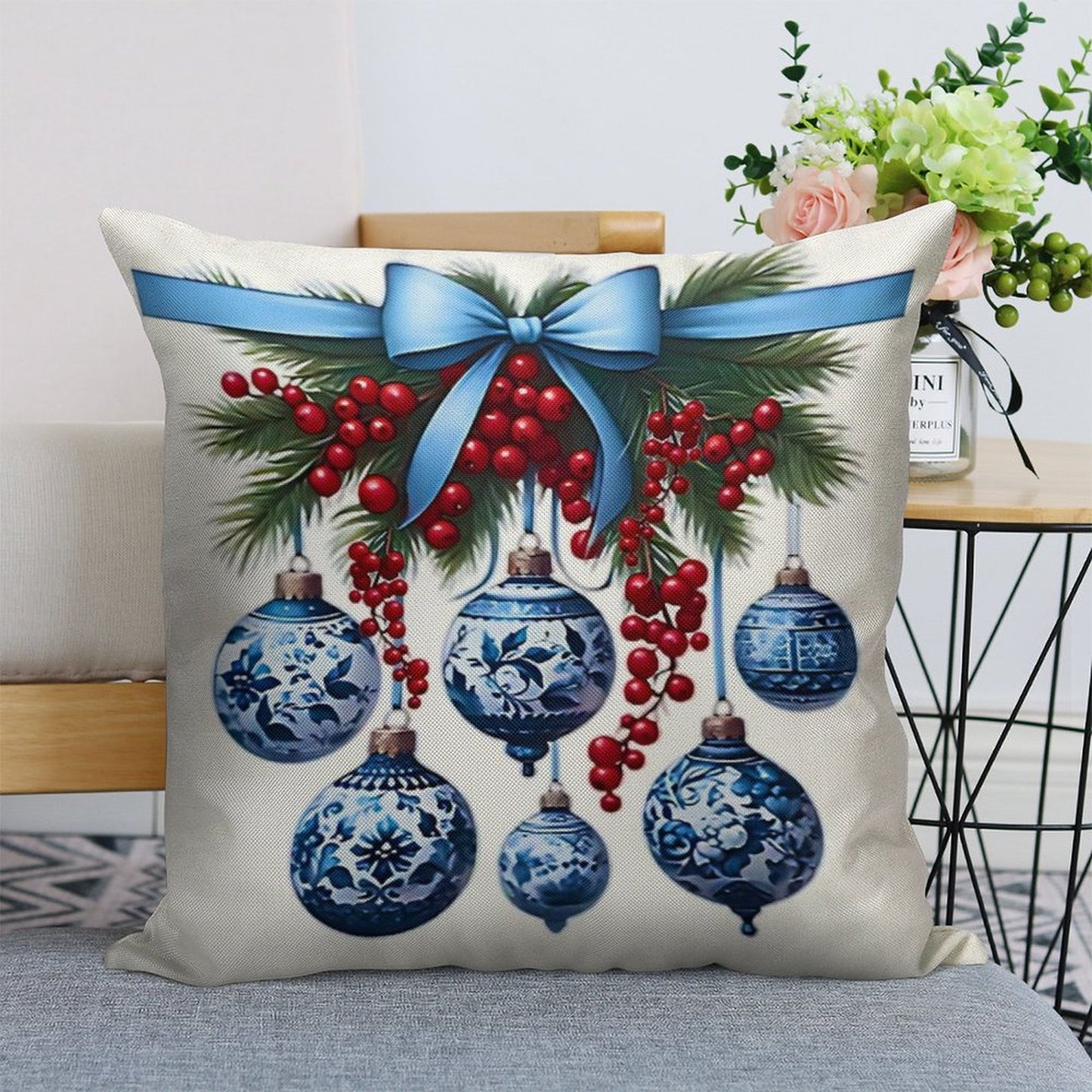 Chinoiserie Christmas Holiday. Blue And White Linen Throw Pillow Cover