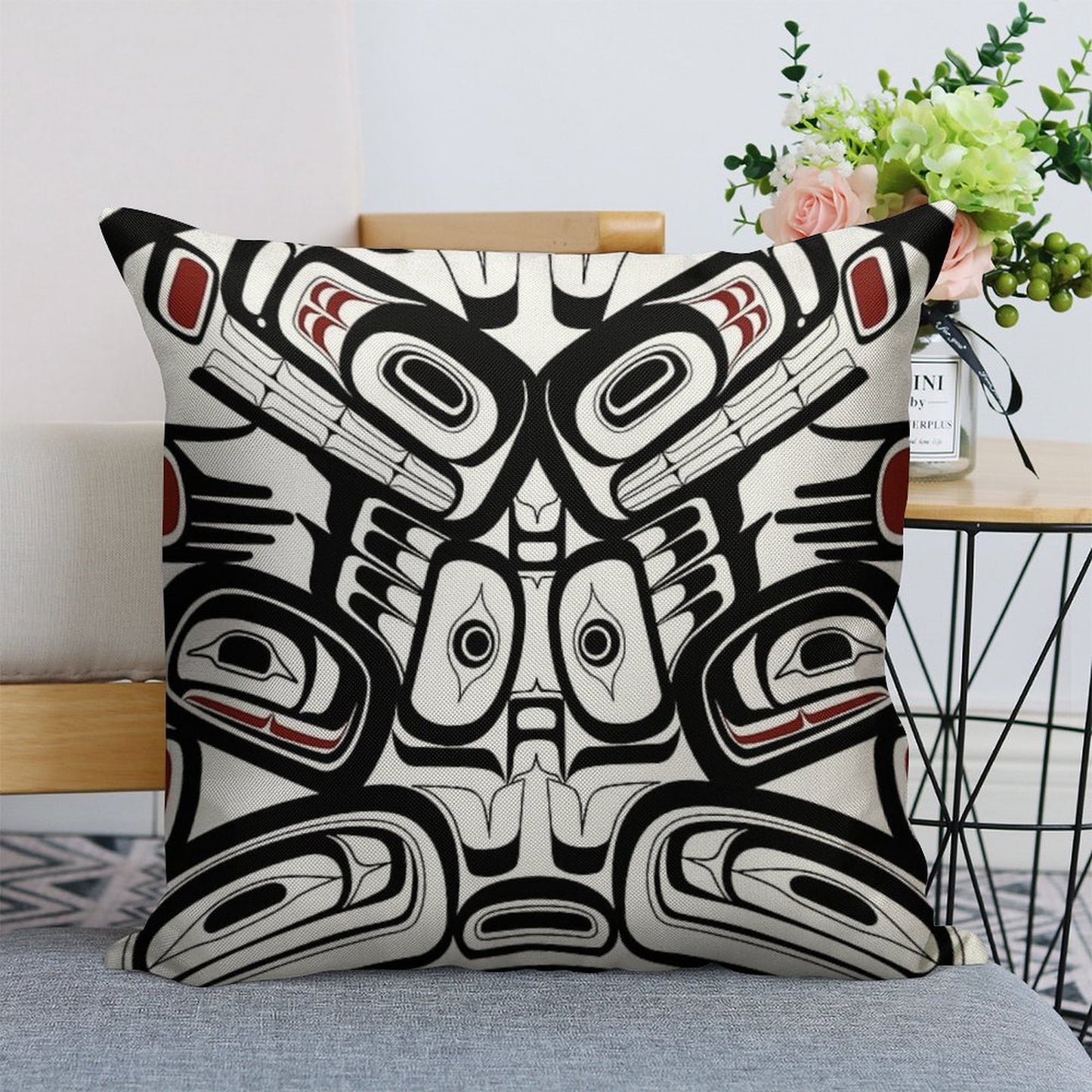 Pacific Northwest Orca Raven Bear Totem Formline Hiada Salish Style First Nations Native American Linen Throw Pillow Cover