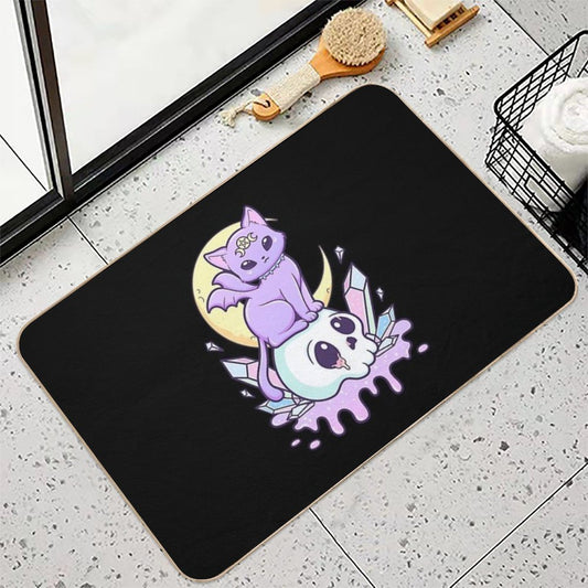 Kawaii Pastel Goth Cute Creepy Occult Cat And Skull Bath Mat