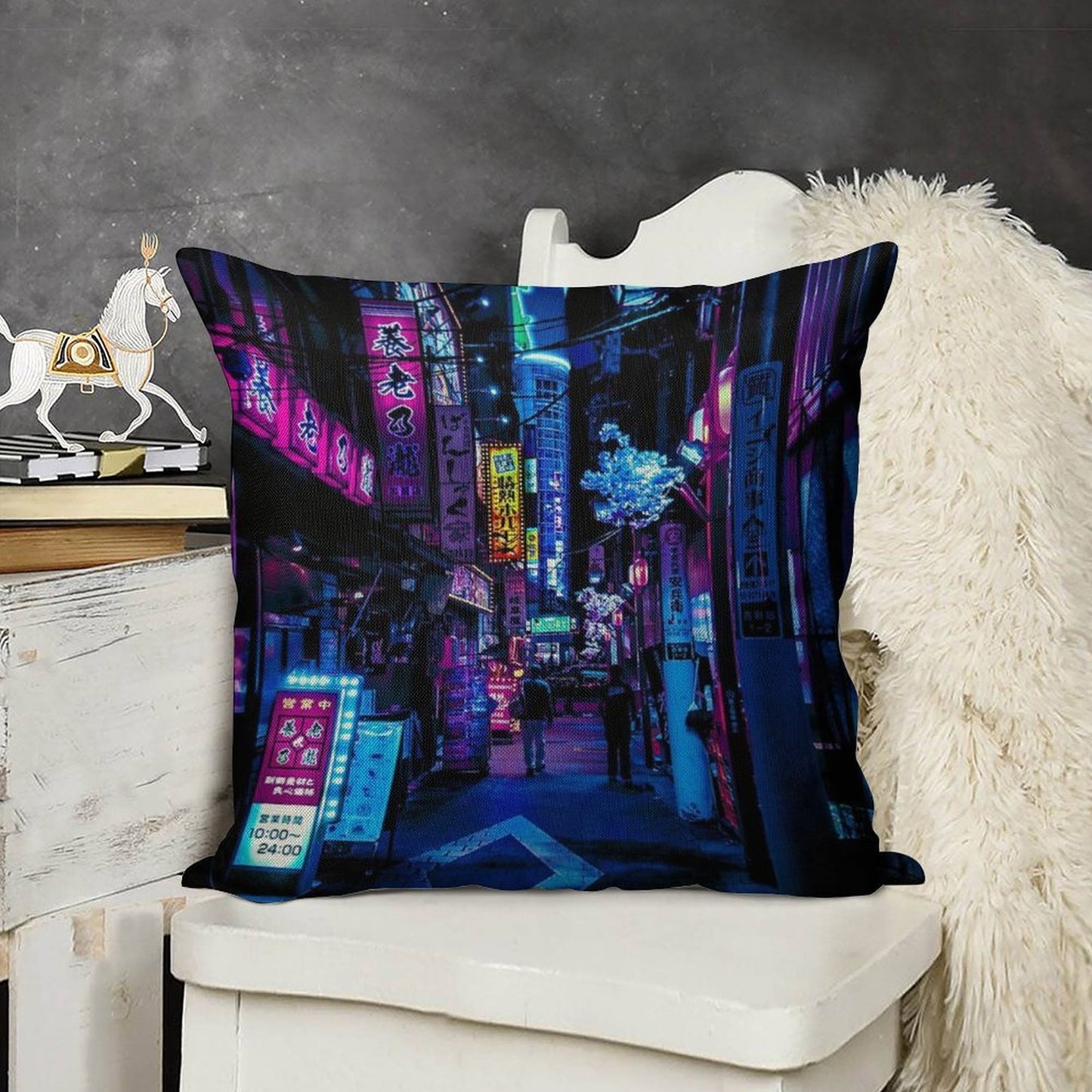 Blue Tokyo Alleys Linen Throw Pillow Cover