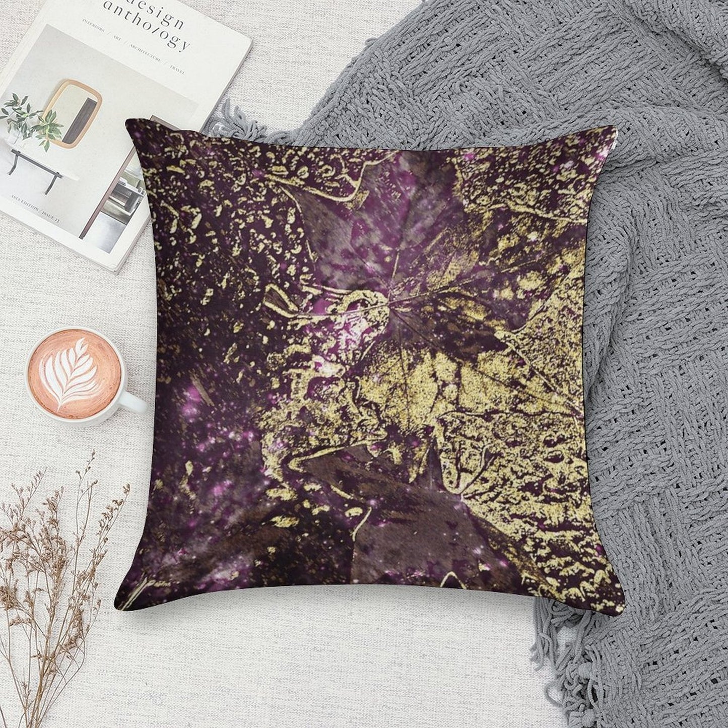 Two Purple Leaves in Melted Gold Soft Home Decor Throw Pillow