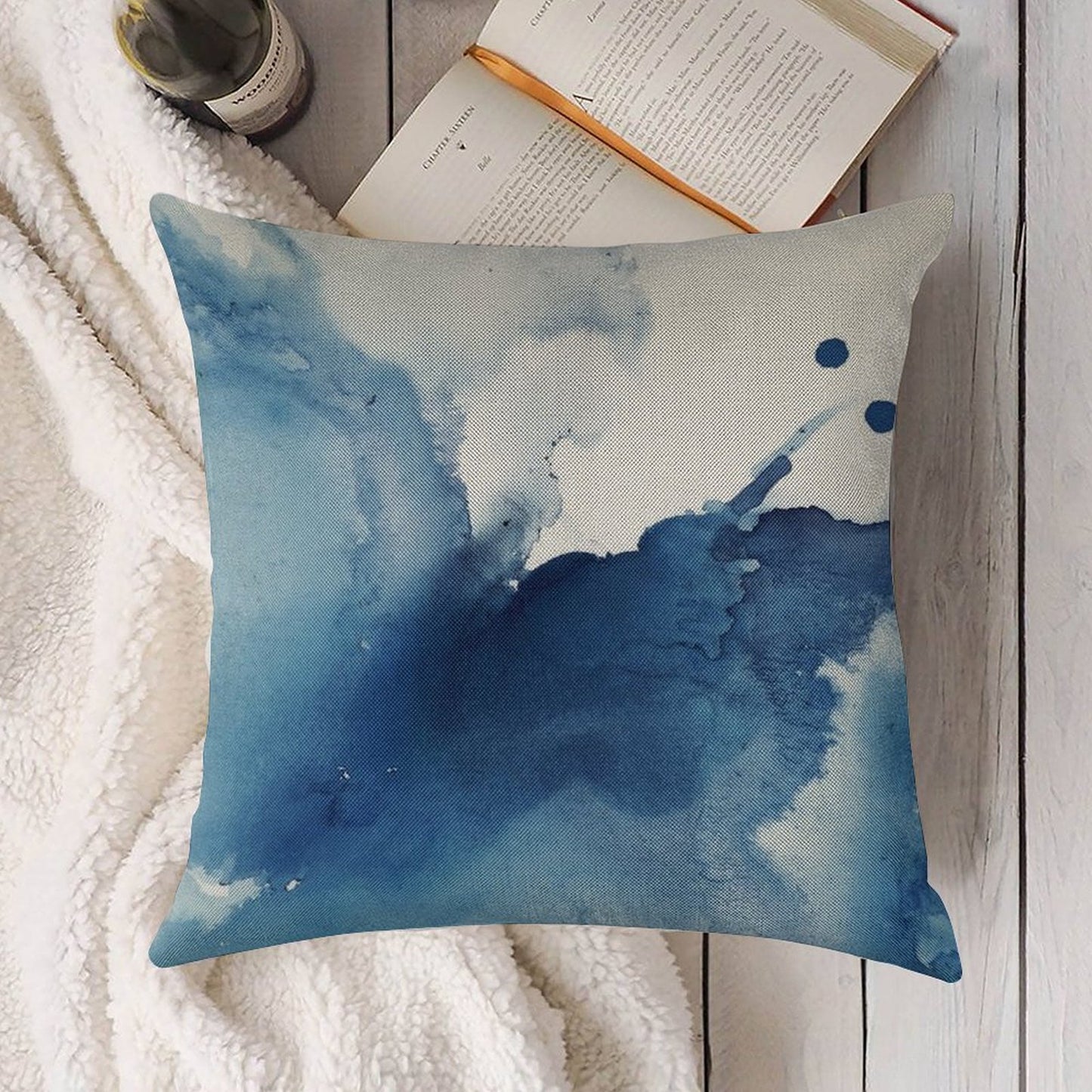 Indigo Blue Sea, Abstract Ink Painting Linen Throw Pillow Cover