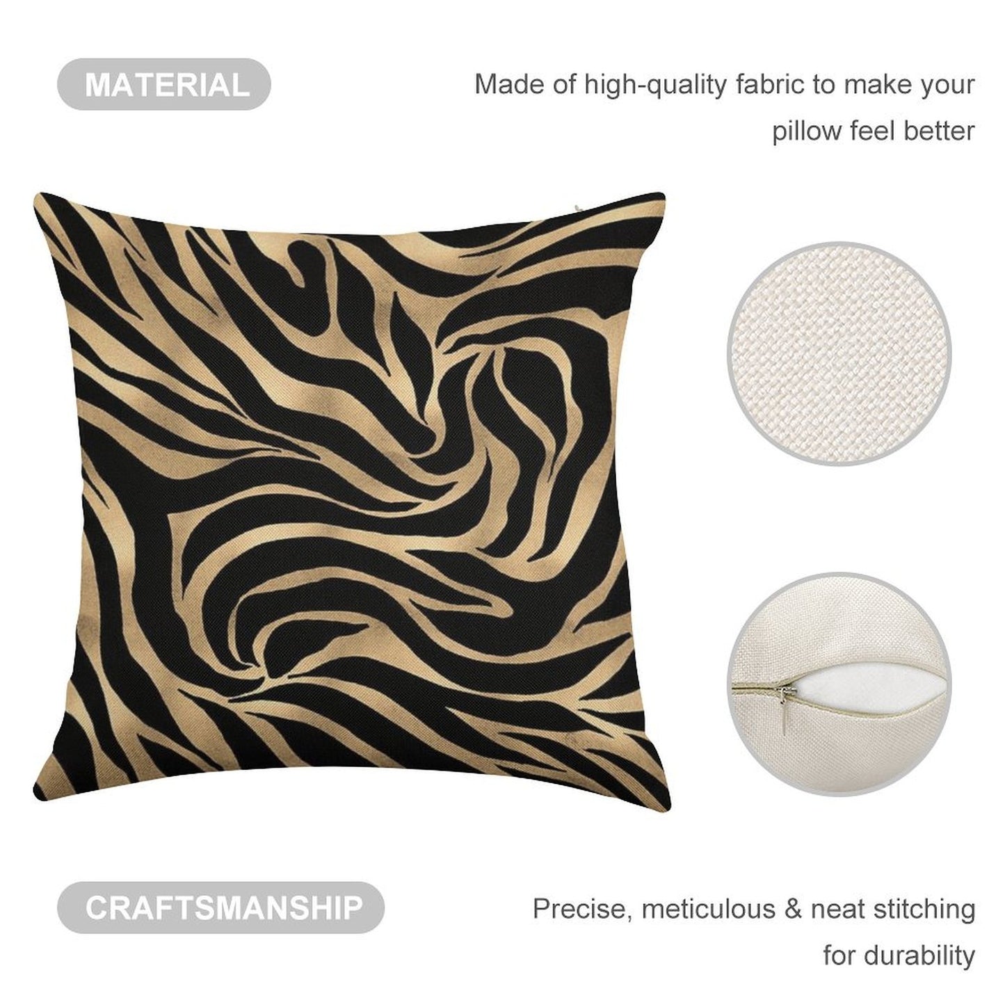 Elegant Metallic Gold Zebra Black Animal Print Linen Throw Pillow Cover