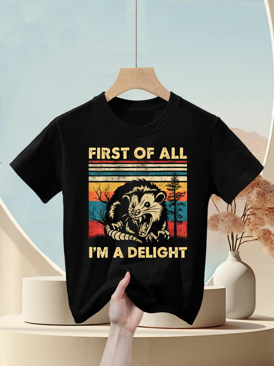 First Of All I'm A Delight Sarcastic Angry Opossum Possum, Small, Black Kids T-Shirt