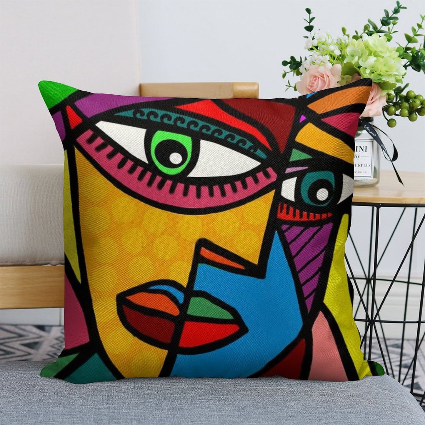 Funky Abstract Face Linen Throw Pillow Cover