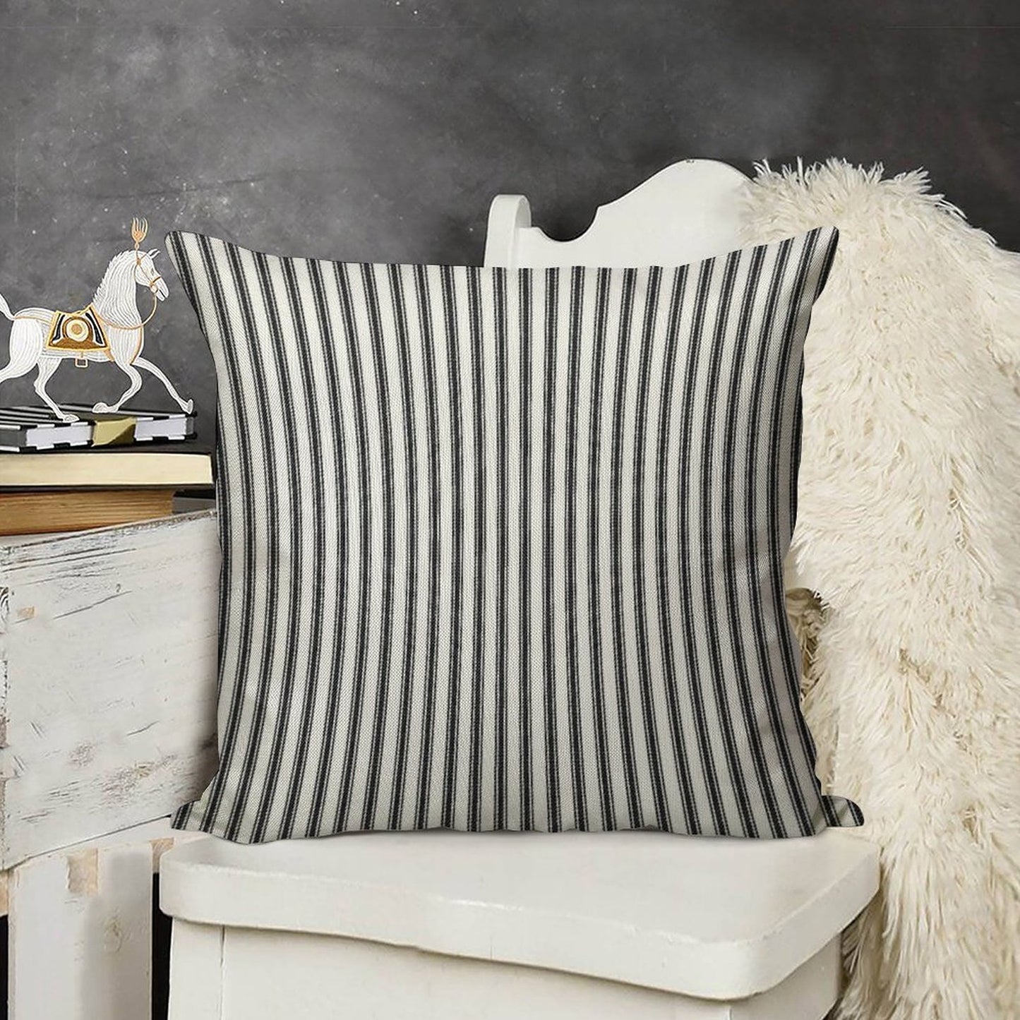 Old Fashioned Ticking Stripes Black And White Linen Throw Pillow Cover