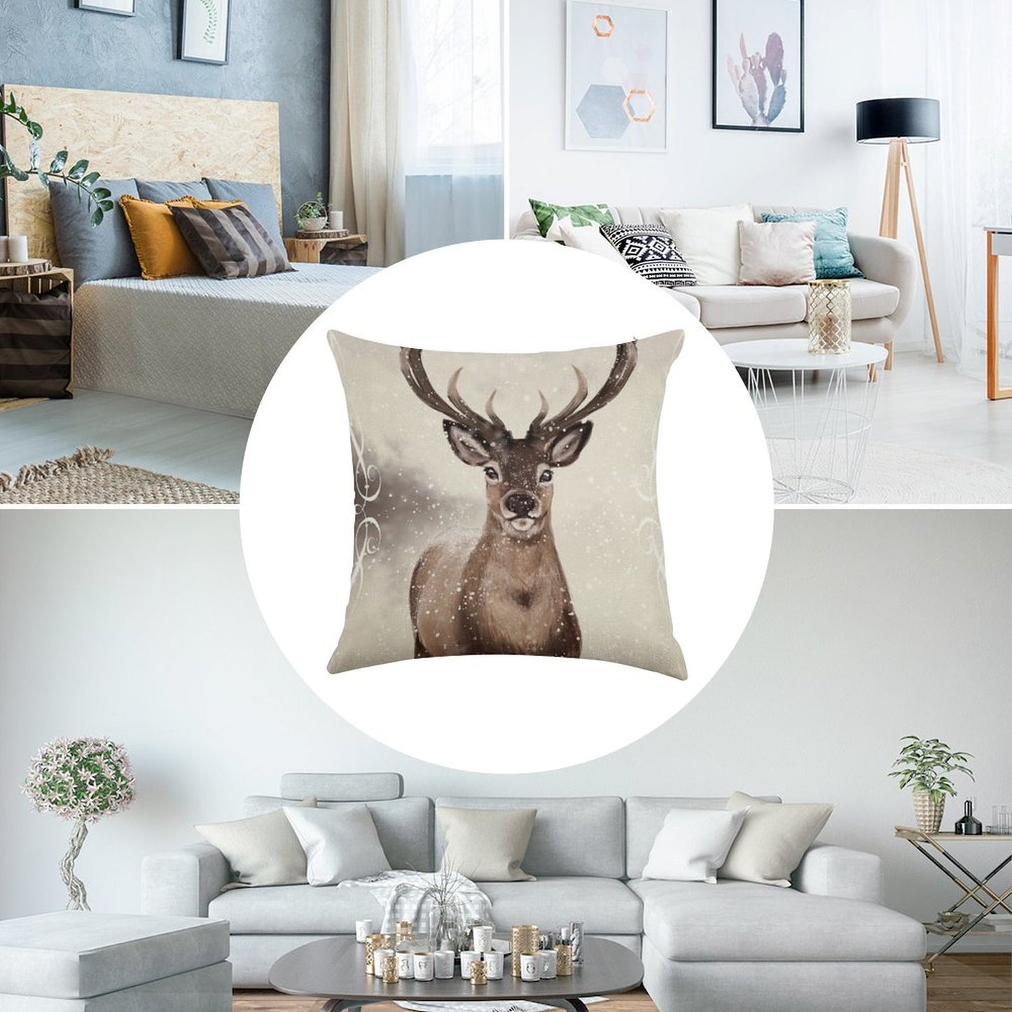 Winter Deer Linen Throw Pillow Cover