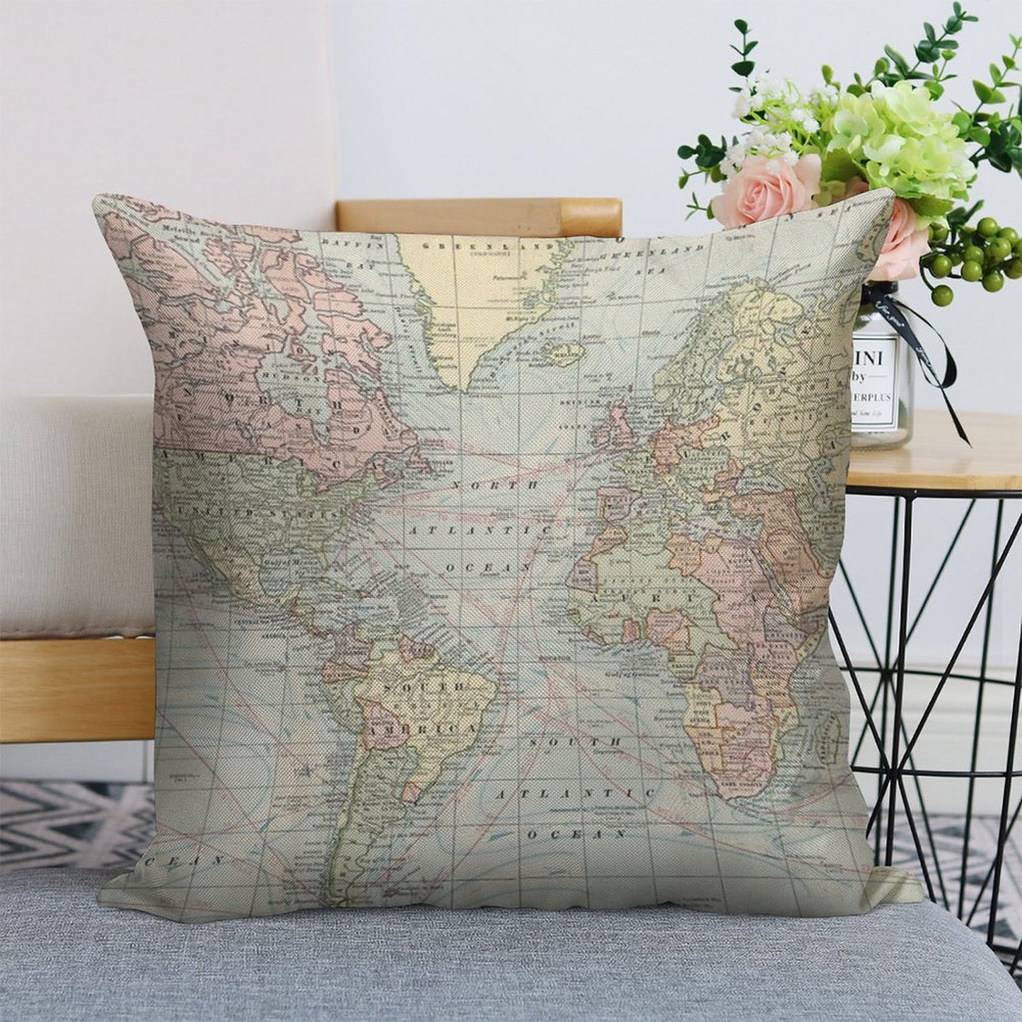 Vintage World Map Linen Throw Pillow Cover