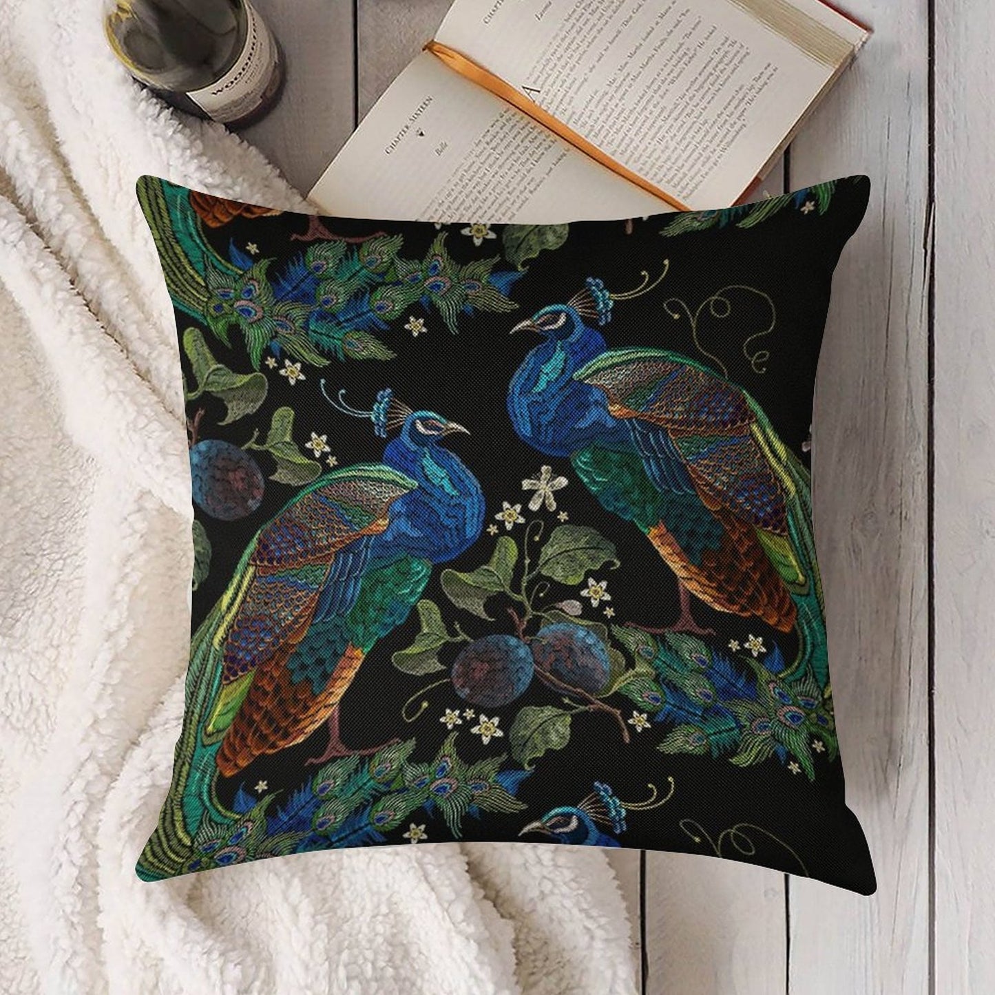 Embroidery Peacocks Linen Throw Pillow Cover