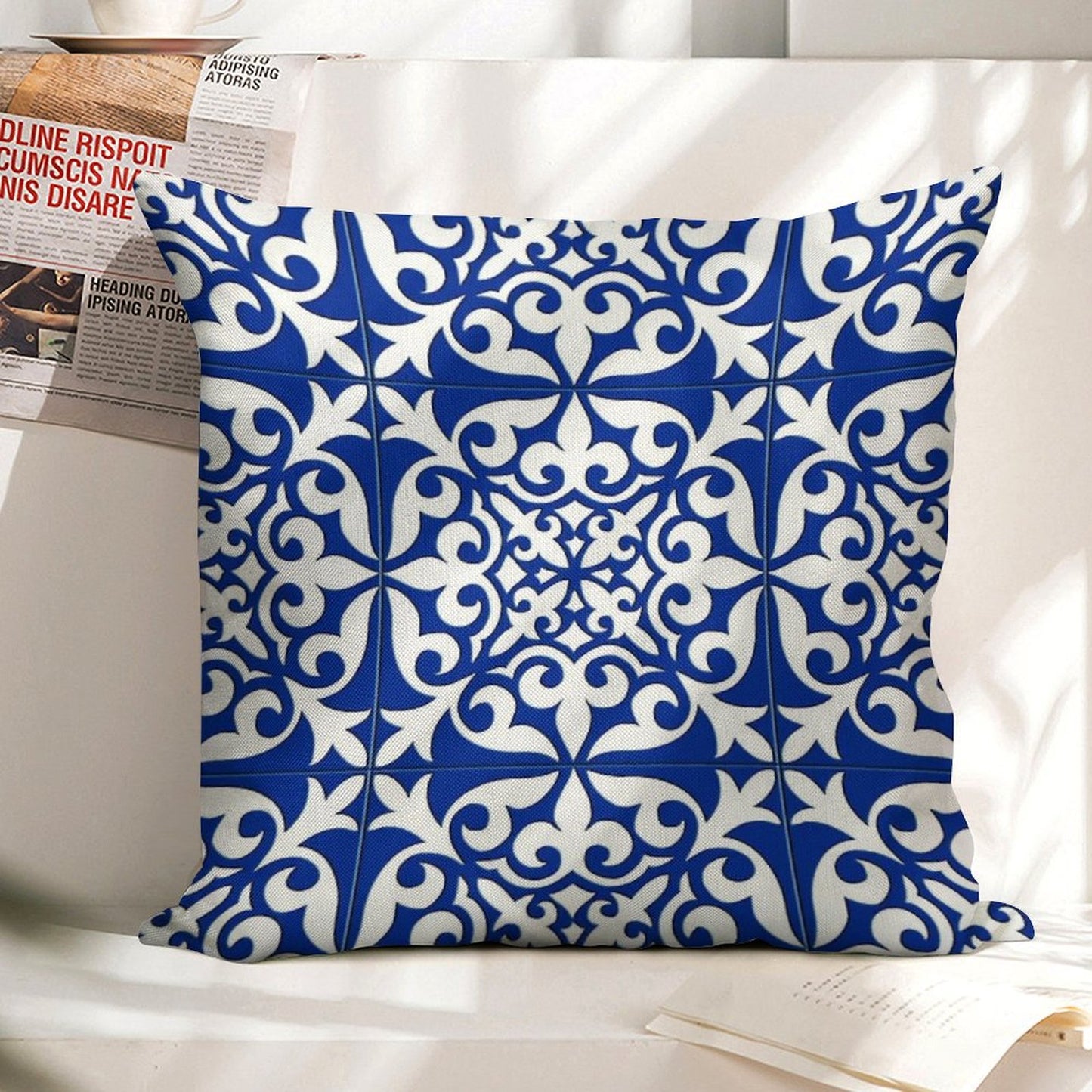 Moroccan Tile - Cobalt Blue Linen Throw Pillow Cover