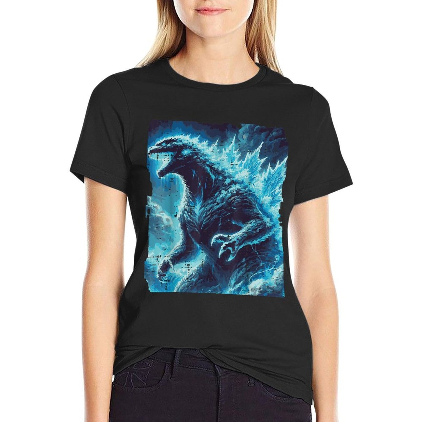 Japanese Blue Kaiju Monster Art Men Boys Kids Youthns Rolled Sleeves T-Shirt