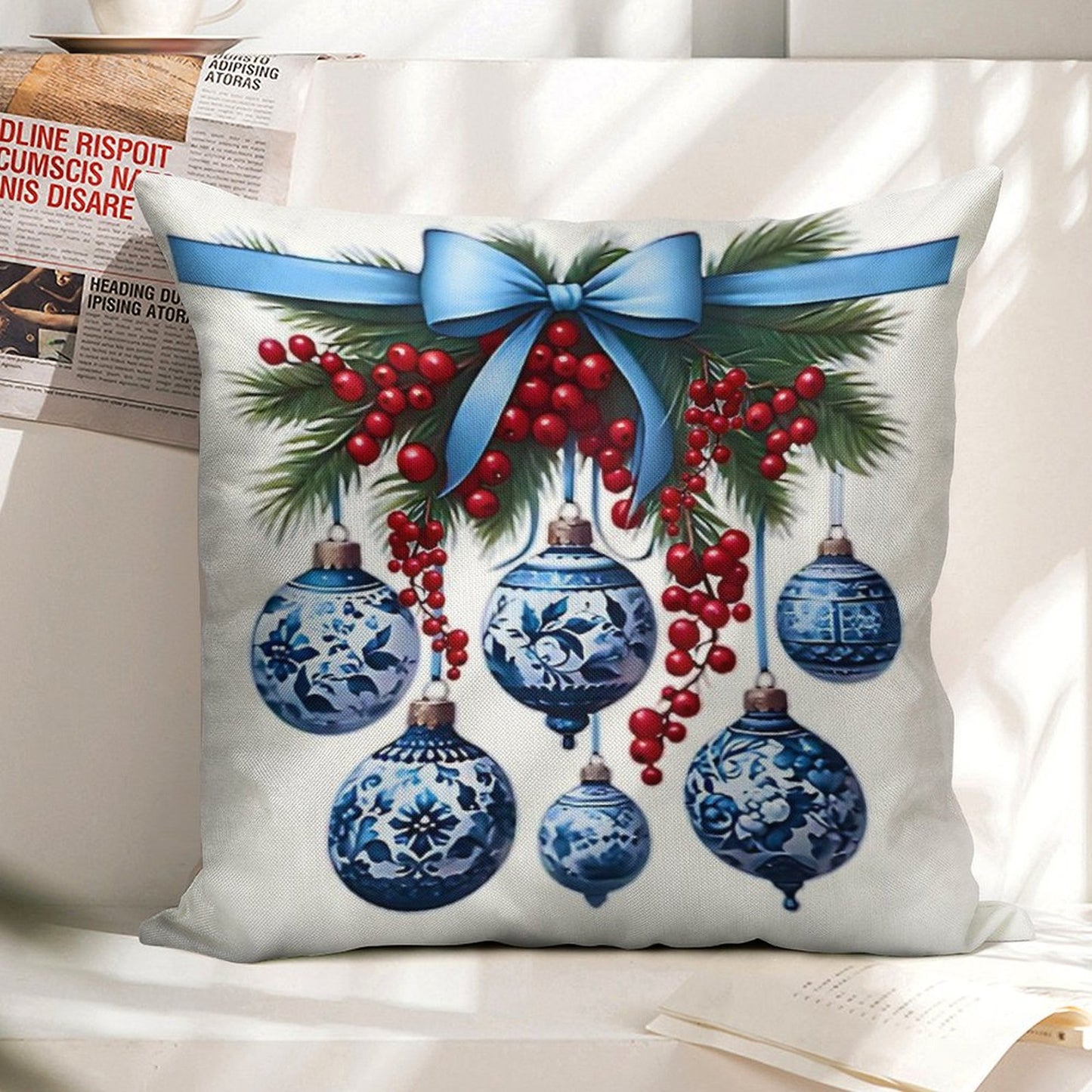 Chinoiserie Christmas Holiday. Blue And White Linen Throw Pillow Cover