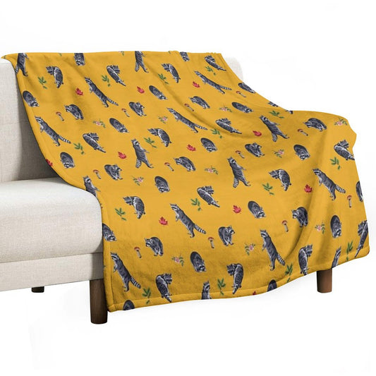 Mustard Raccoon Pattern Throw Blanket