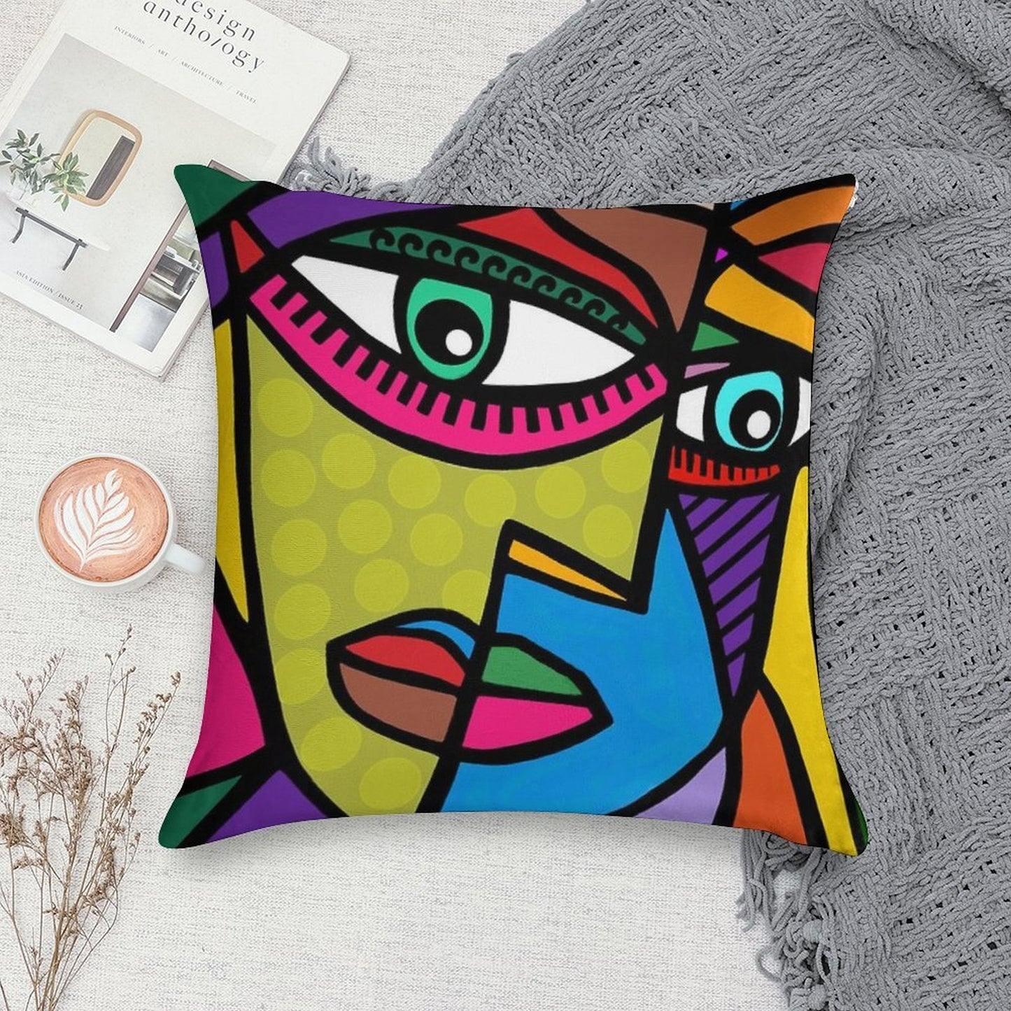 Funky Abstract Art Face with Dots And Stripes Soft Hidden Zipper Throw Pillow