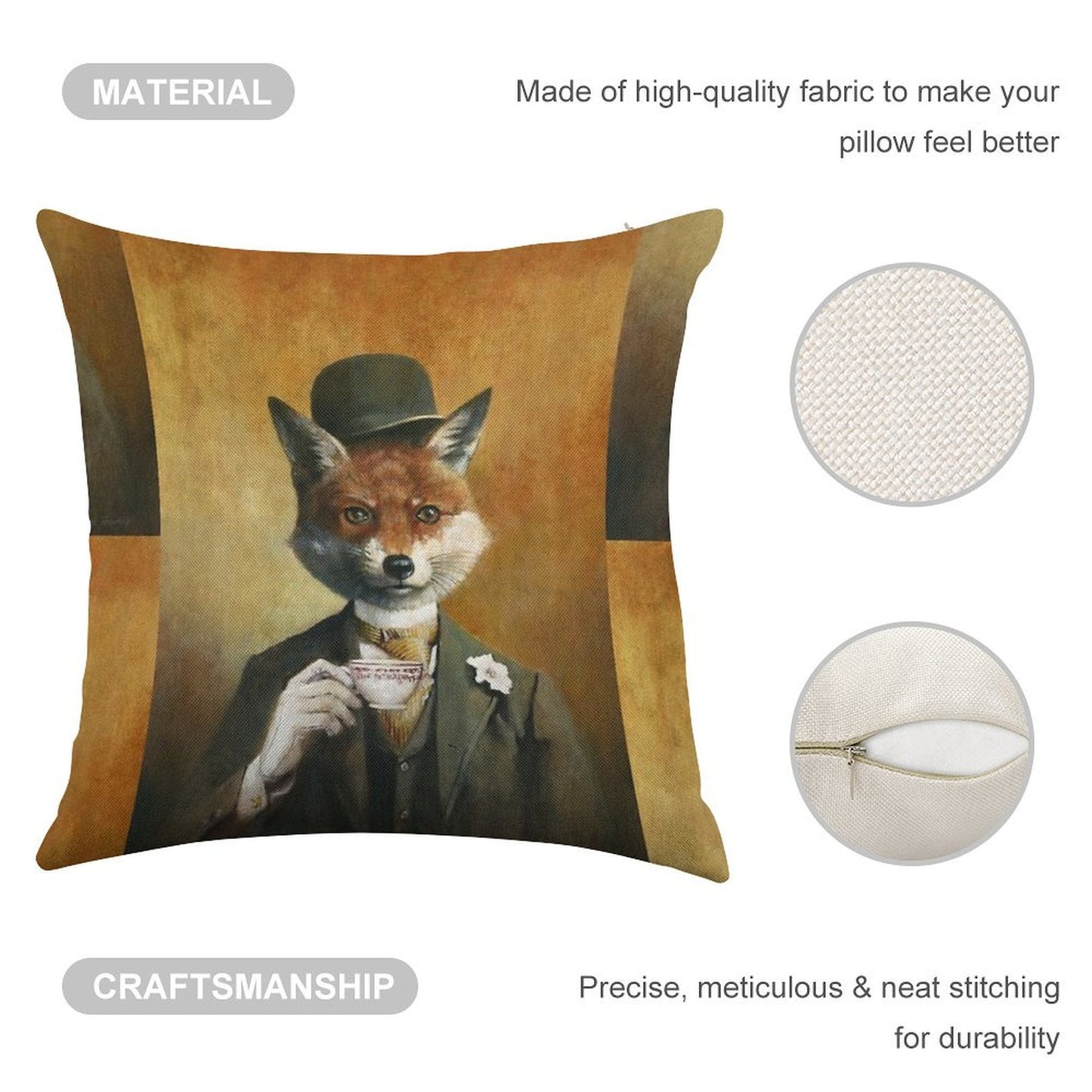 Teatime Mr Fox Linen Throw Pillow Cover