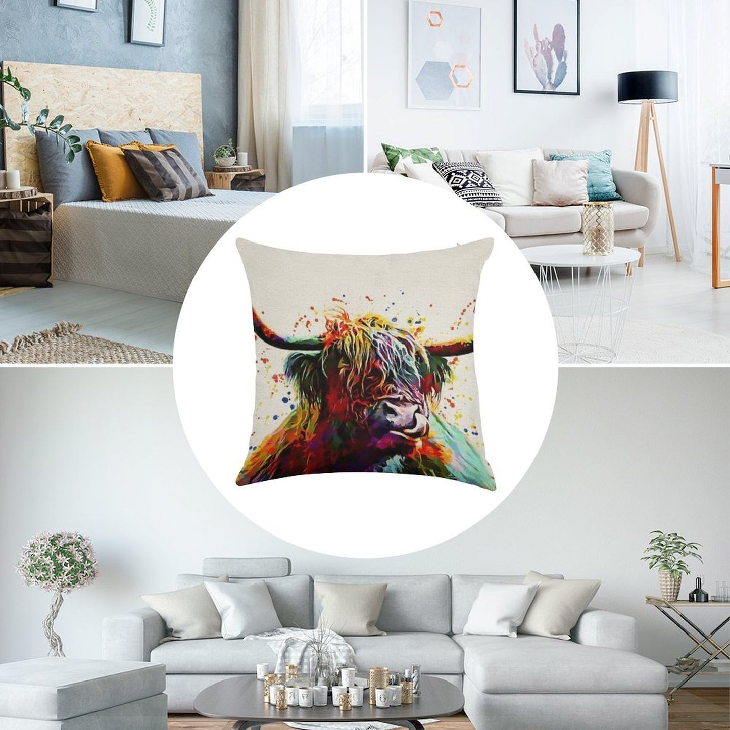 Highland Cow Watercolor Art Work Linen Throw Pillow Cover