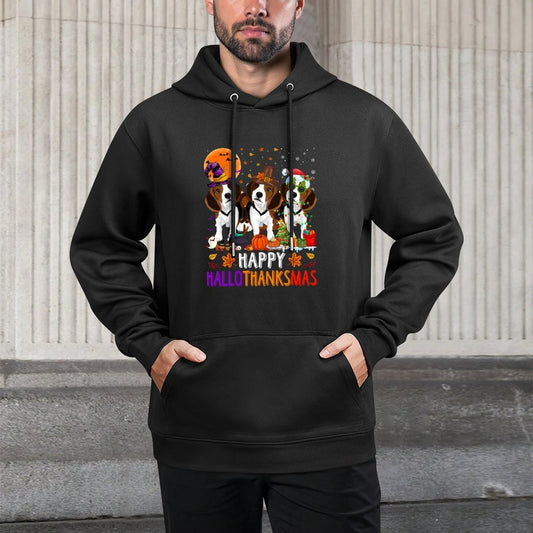 Happy Hallothanksmas Beagle Dog Halloween Christmas Kangaroo Pocket Hoodie