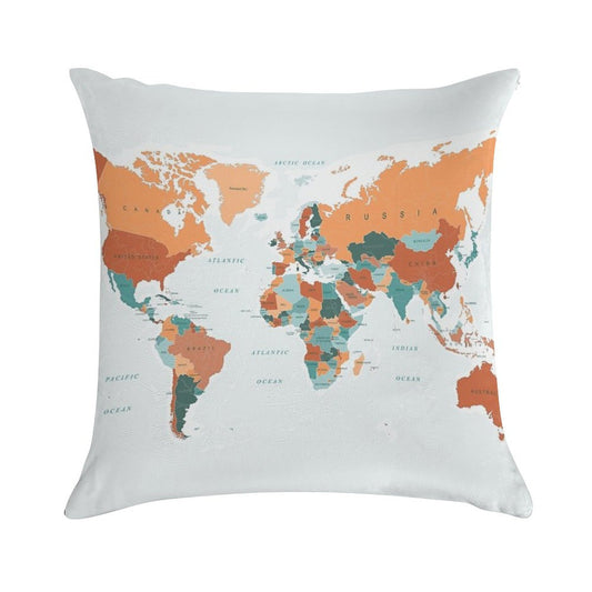 Map of The World in Burnt Orange And Teal Soft Luxury Feel Throw Pillow