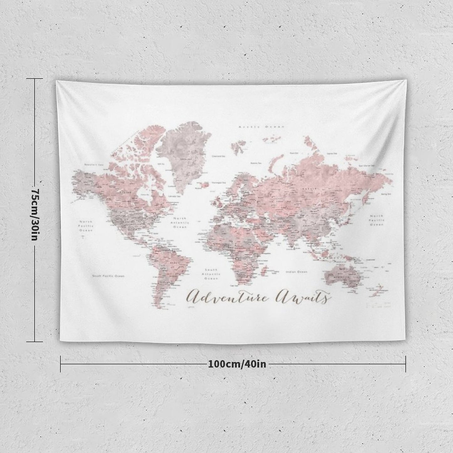 World Map Adventure Awaits in Dusty Pink And Grey Tapestry