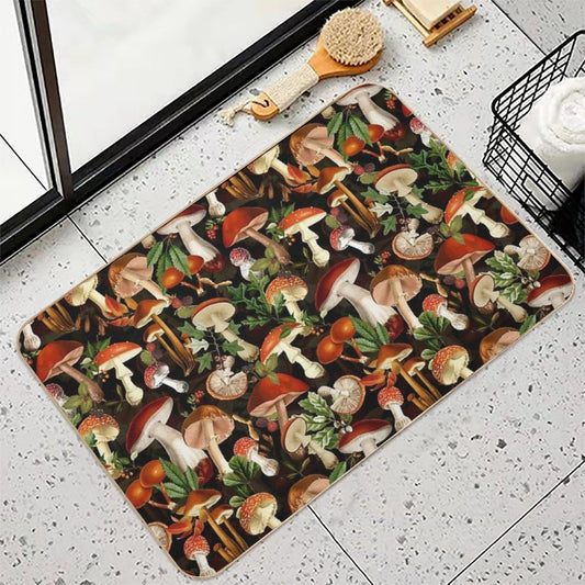 Vintage Red Mushrooms Forest Botanical Night Garden Pattern - Black NightGarden Bath Mat