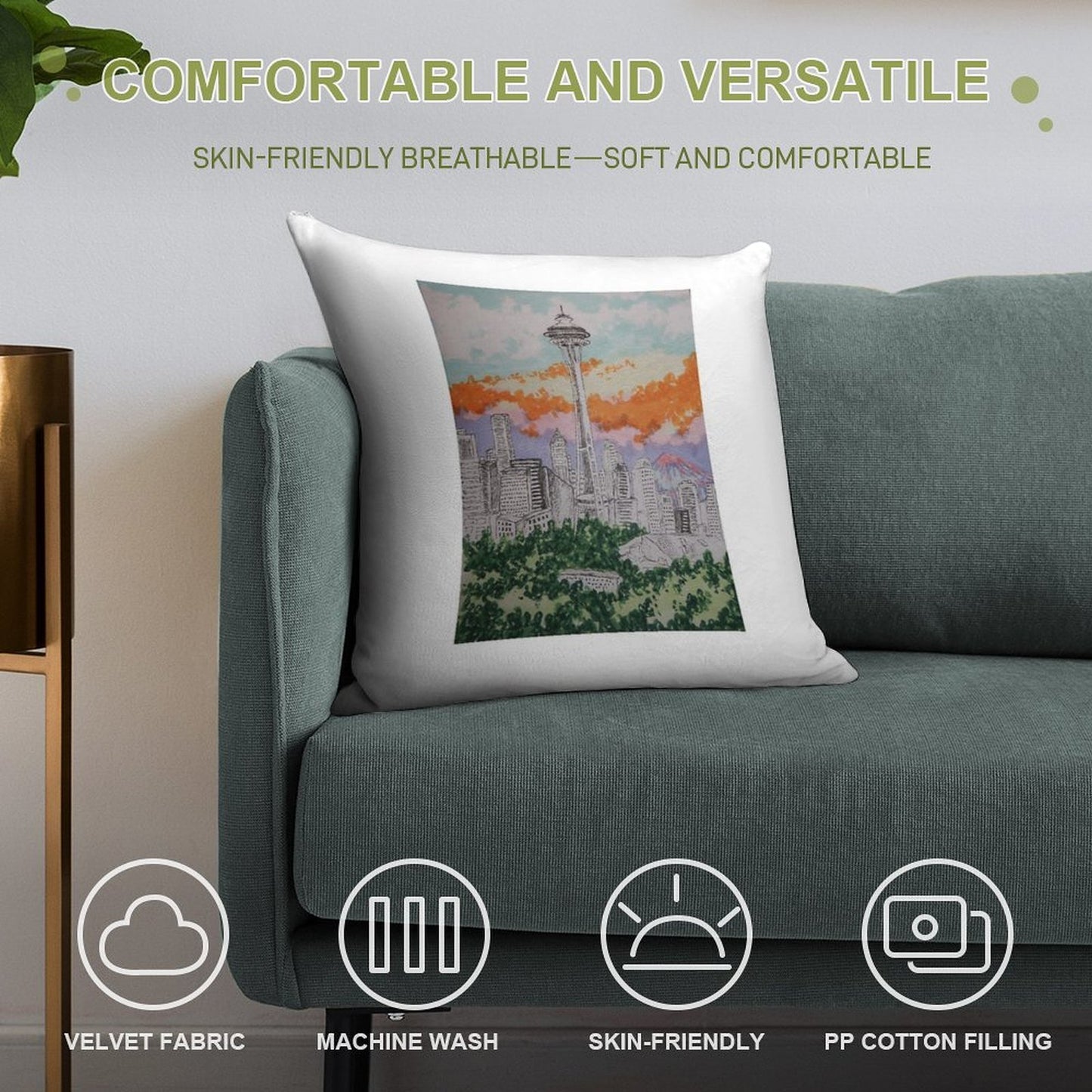 Seattle Soft Hidden Zipper Throw Pillow