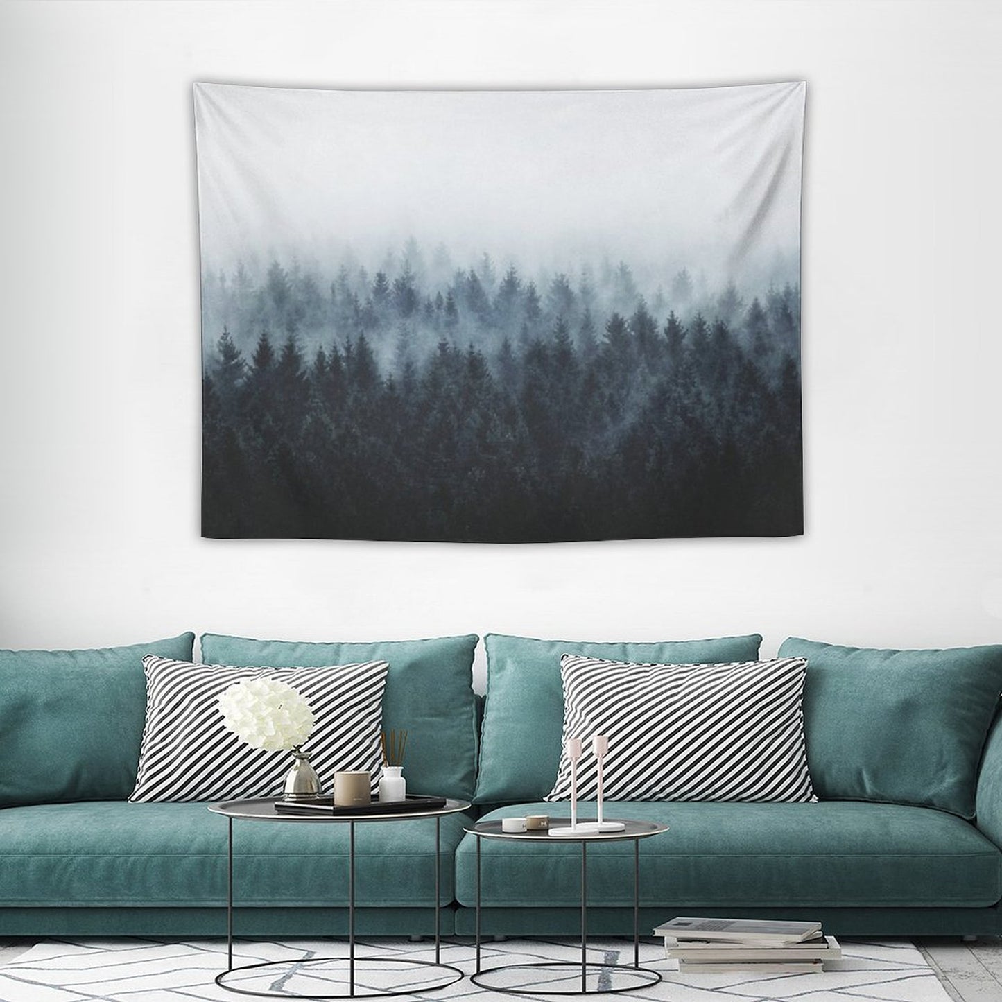 High And Low Dark Romantasy Moody Wilderness Dream Forest With Cascadia Trees Covered In Fog Tapestry