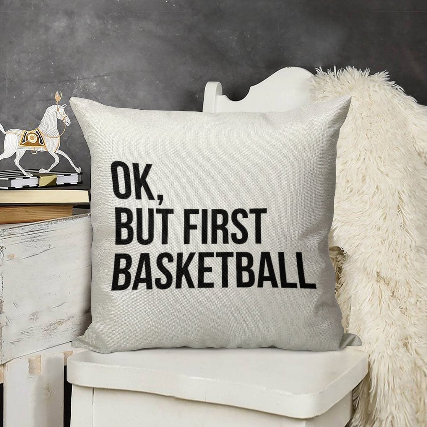 BUT FIRST BASKETBALL Linen Throw Pillow Cover