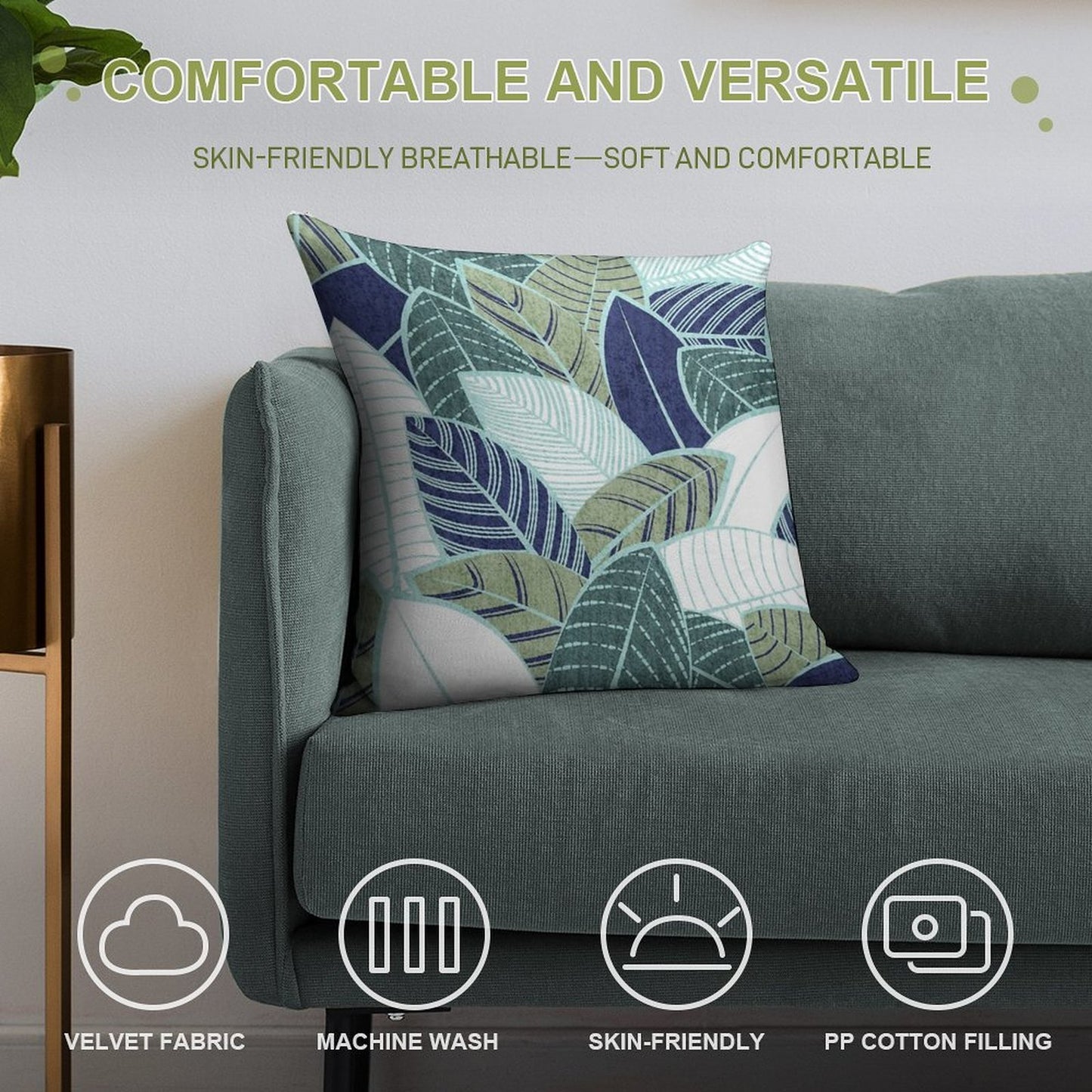 Leaf Wall  Navy Blue Pine And Sage Green Leaves Mint Lines Soft Gift Ready Throw Pillow