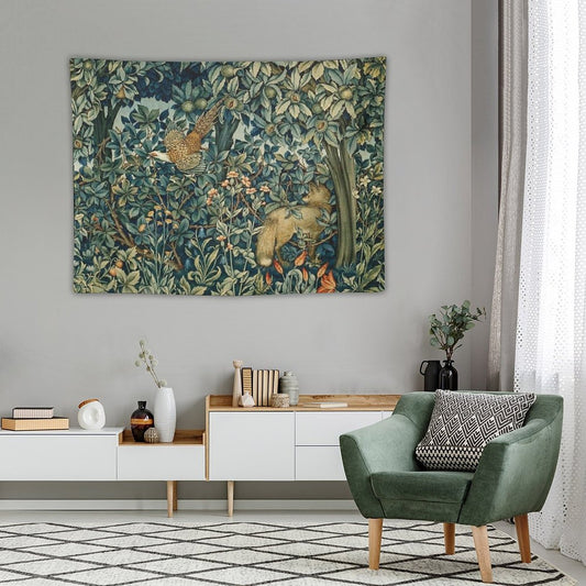 GREENERY, FOREST ANIMALS Pheasant And Fox Blue Green Floral Tapestry Tapestry