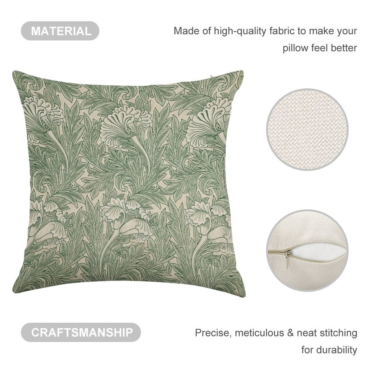William Morris Vintage Green Tulip Floral Pattern Linen Throw Pillow Cover