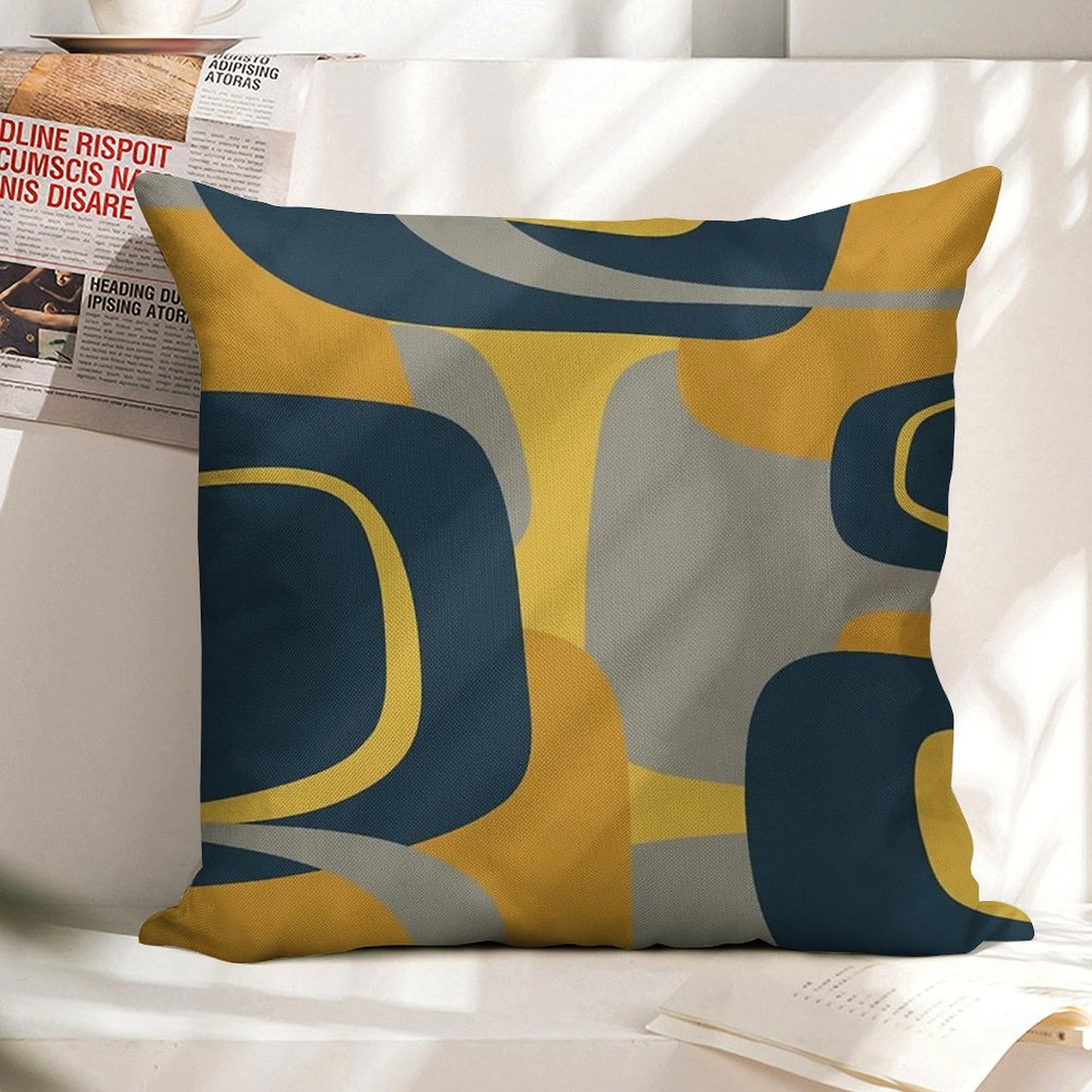 Mid Century Modern Retro Abstract Pattern in Navy Blue, Mustard Yellow, And Gray Linen Throw Pillow Cover