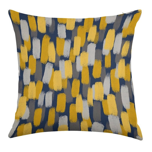 Abstract Grey And Mustard Yellow Paint Brush Effect on Navy Blue Linen Throw Pillow Cover