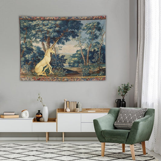 UNICORN IN WOODLAND LANDSCAPE AMONG GREENERY AND TREES Tapestry