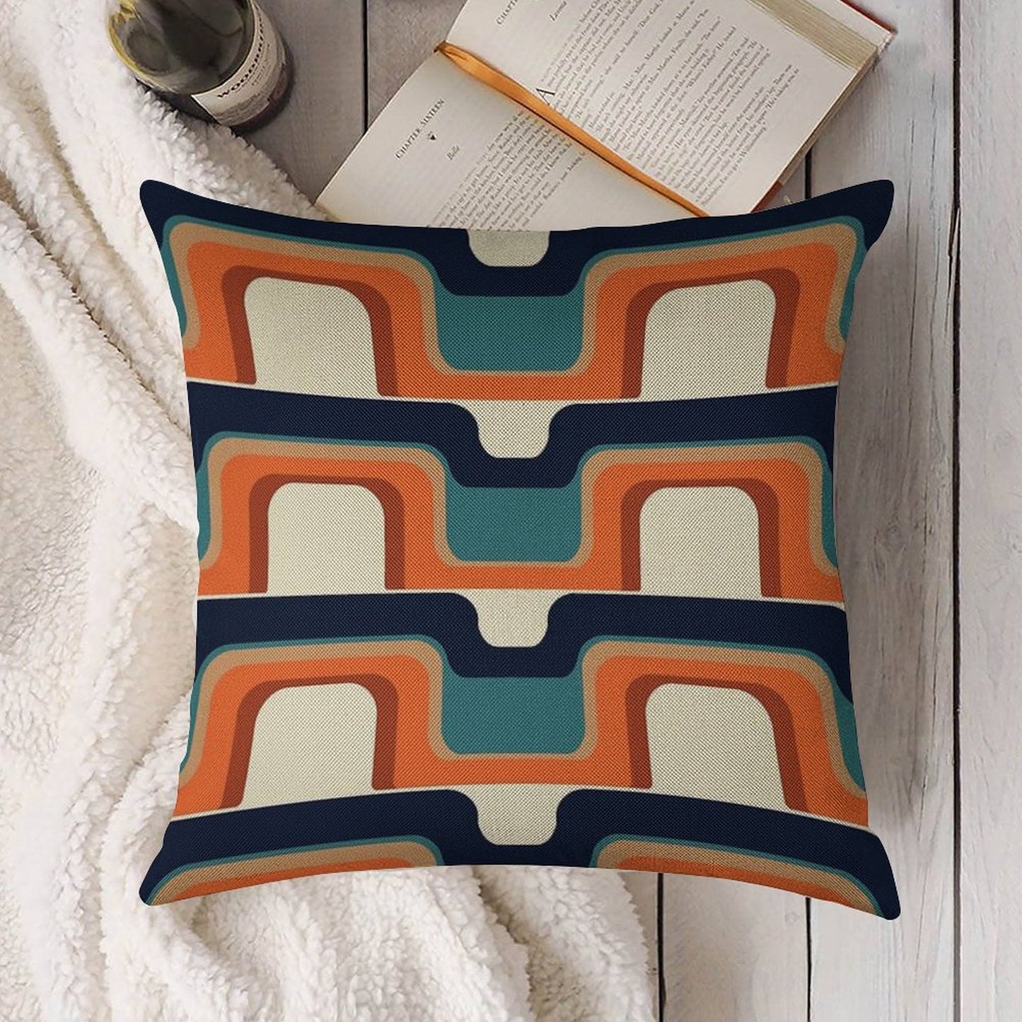 Mid-Century Modern Meets 1970s Orange & Blue Linen Throw Pillow Cover