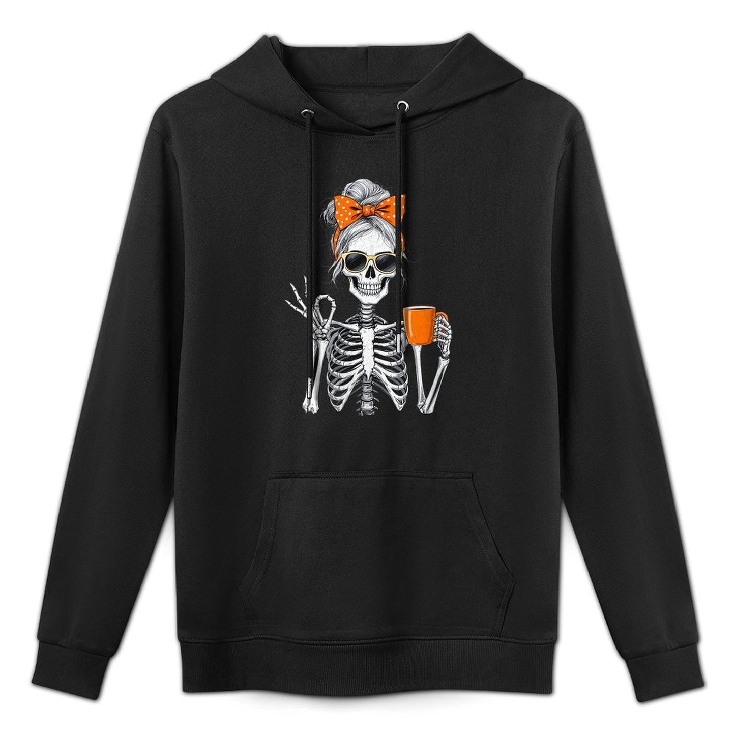 Womens Halloween Skeleton Messy Bun Coffee Funny Spooky Mom Adjustable Hood Hoodie