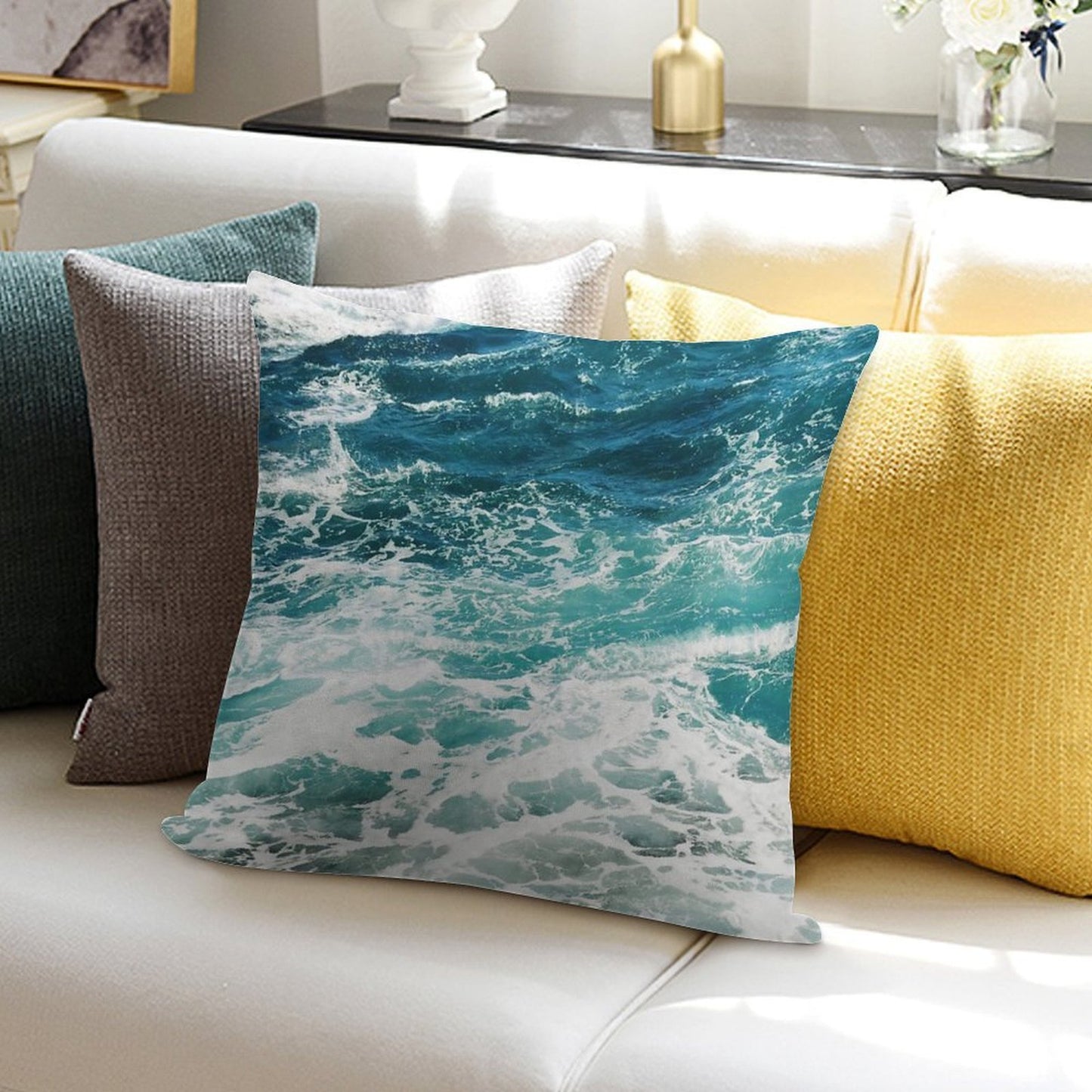 Blue Ocean Waves Soft Fade-Resistant Throw Pillow