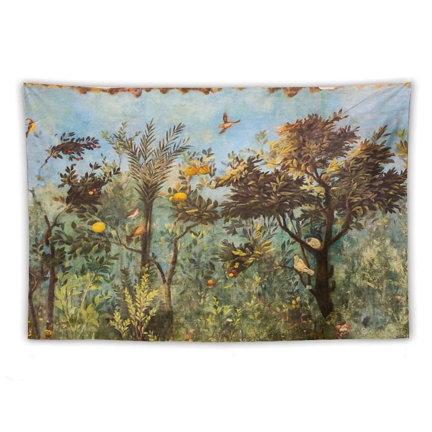 ANTIQUE ROMAN WALL PAINTING Flower Garden Flying Birds ,Quince And Apple Trees Tapestry