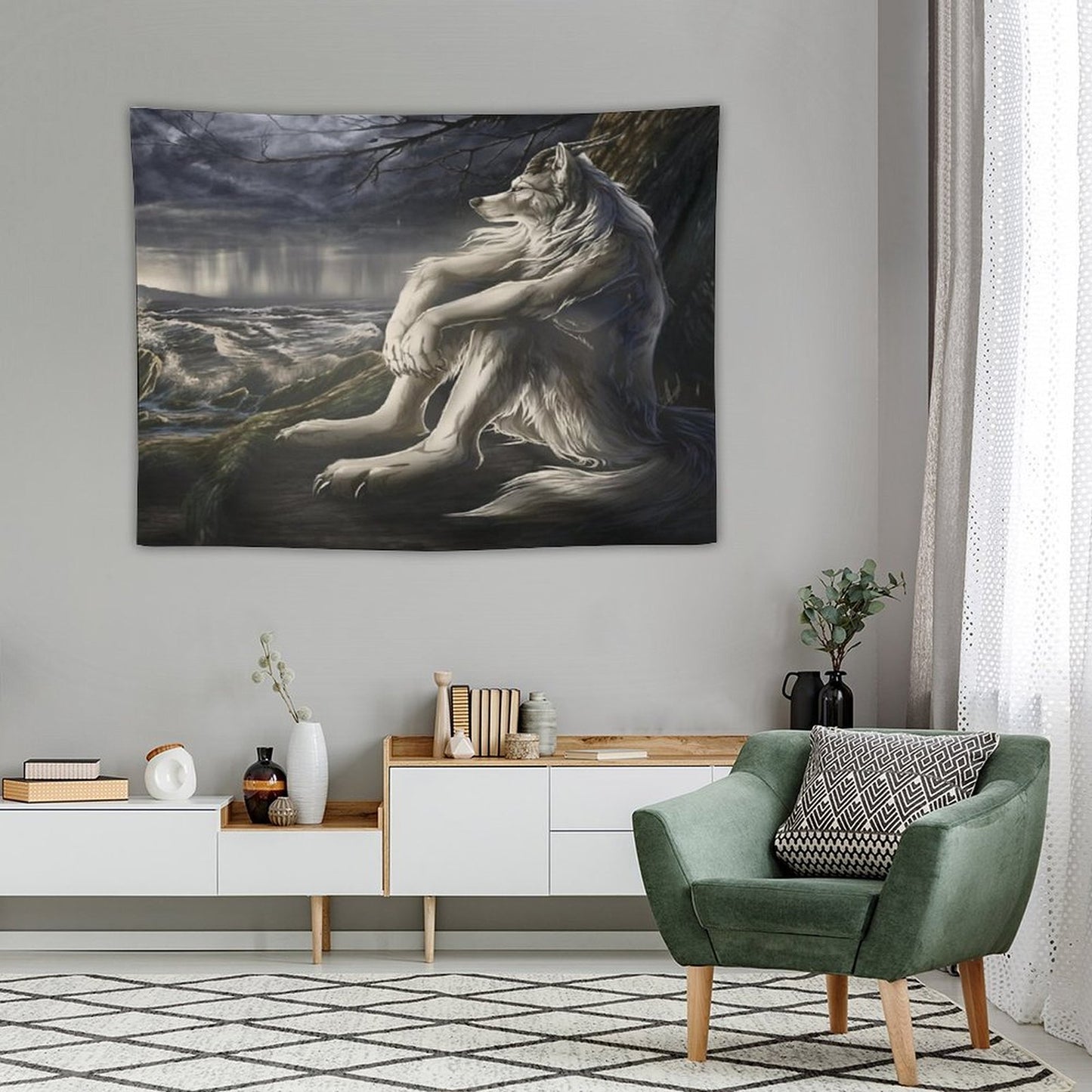 Emo White Wolf Sitting Sad Meme Tapestry