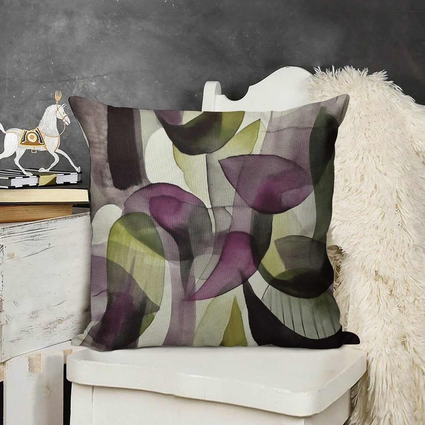 Abstract Watercolor in Purple And Green Linen Throw Pillow Cover
