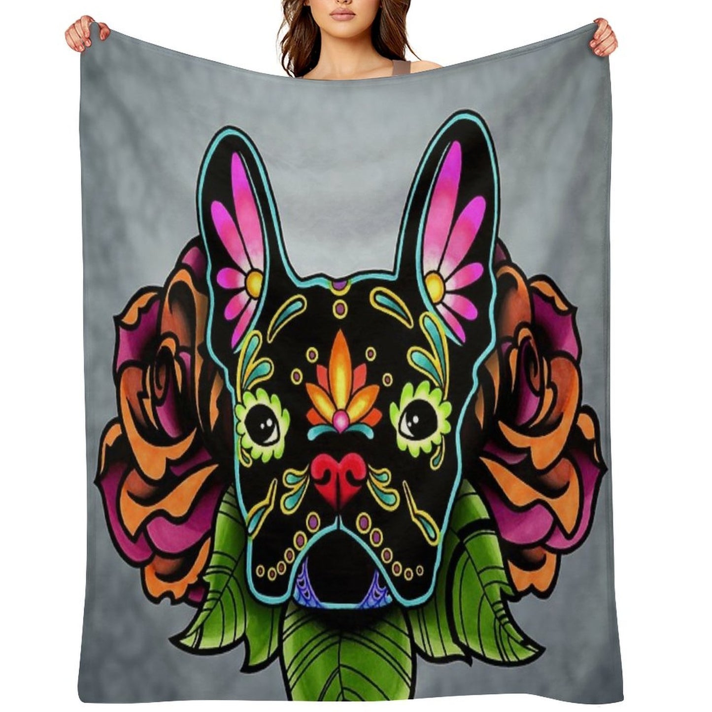 Day of The Dead French Bulldog in Black Sugar Skull Dog Throw Blanket
