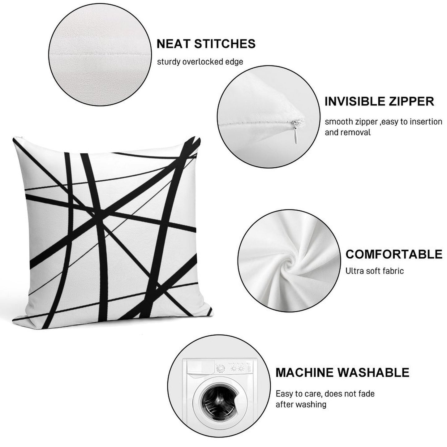 Black And White Geometric Lines Soft Shrink-Resistant Throw Pillow