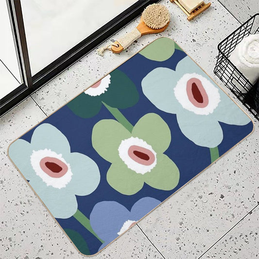 Iconic Retro Scandinavian Floral Pattern in Blue And Green Bath Mat
