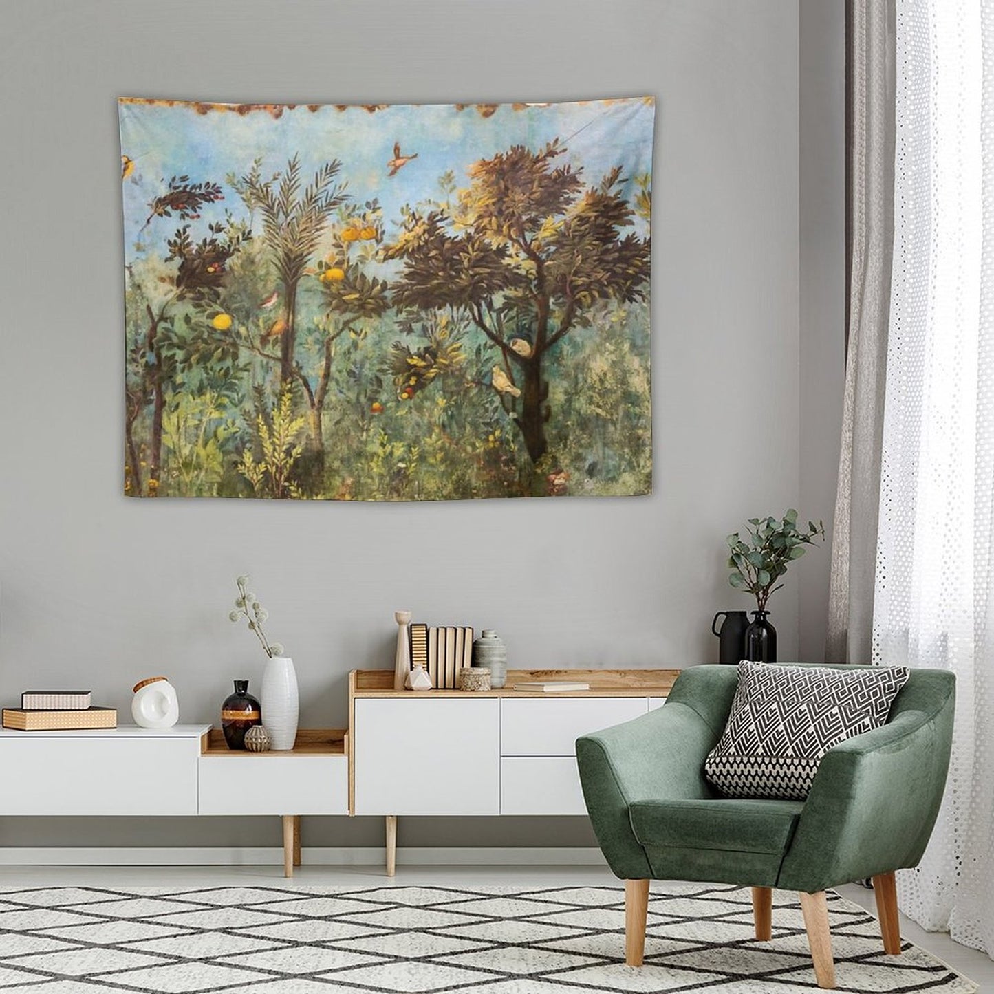 ANTIQUE ROMAN WALL PAINTING Flower Garden Flying Birds ,Quince And Apple Trees Tapestry